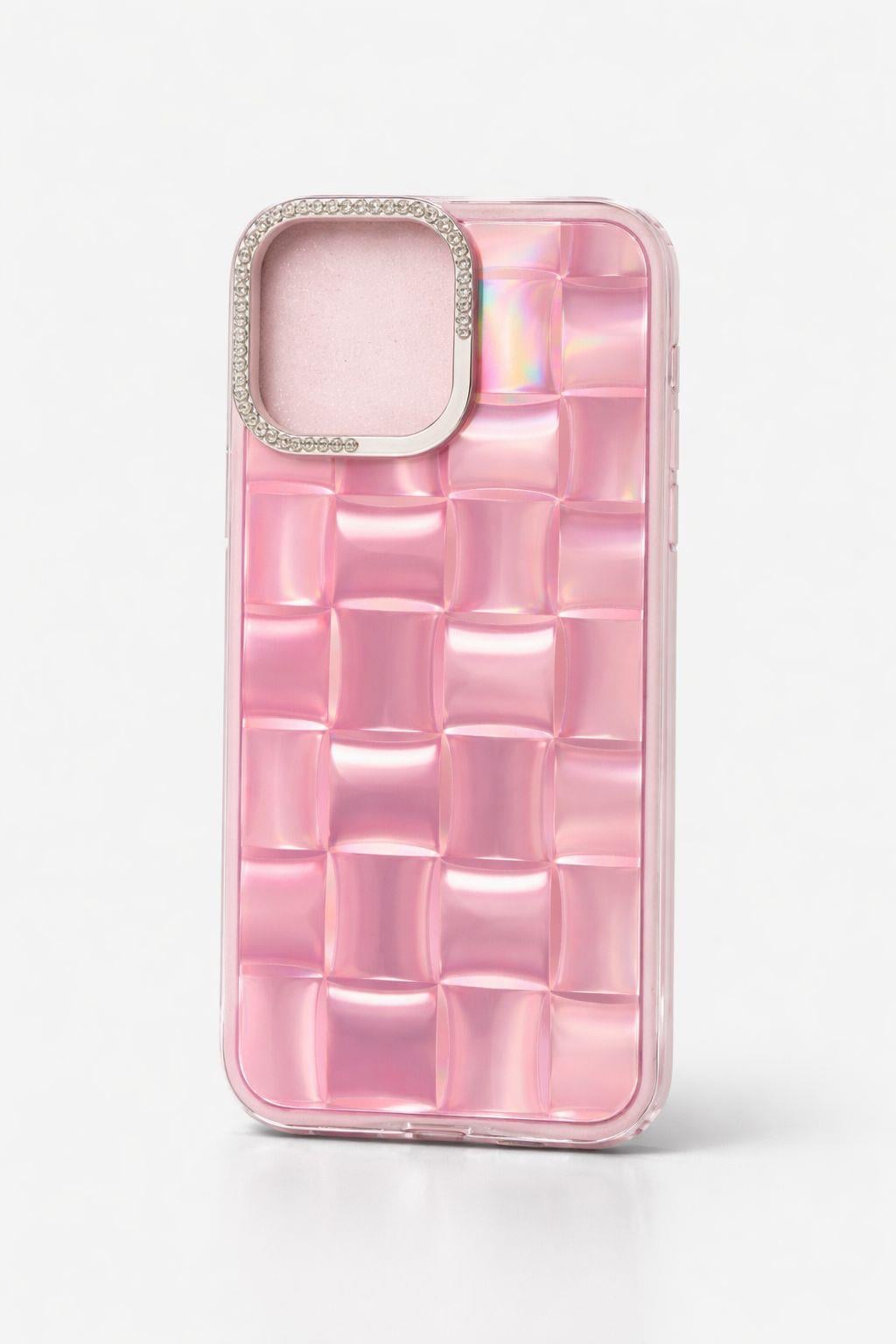 iPhone 14 Uyumlu 3D Kare Desenli Parlak Kılıf Pembe
