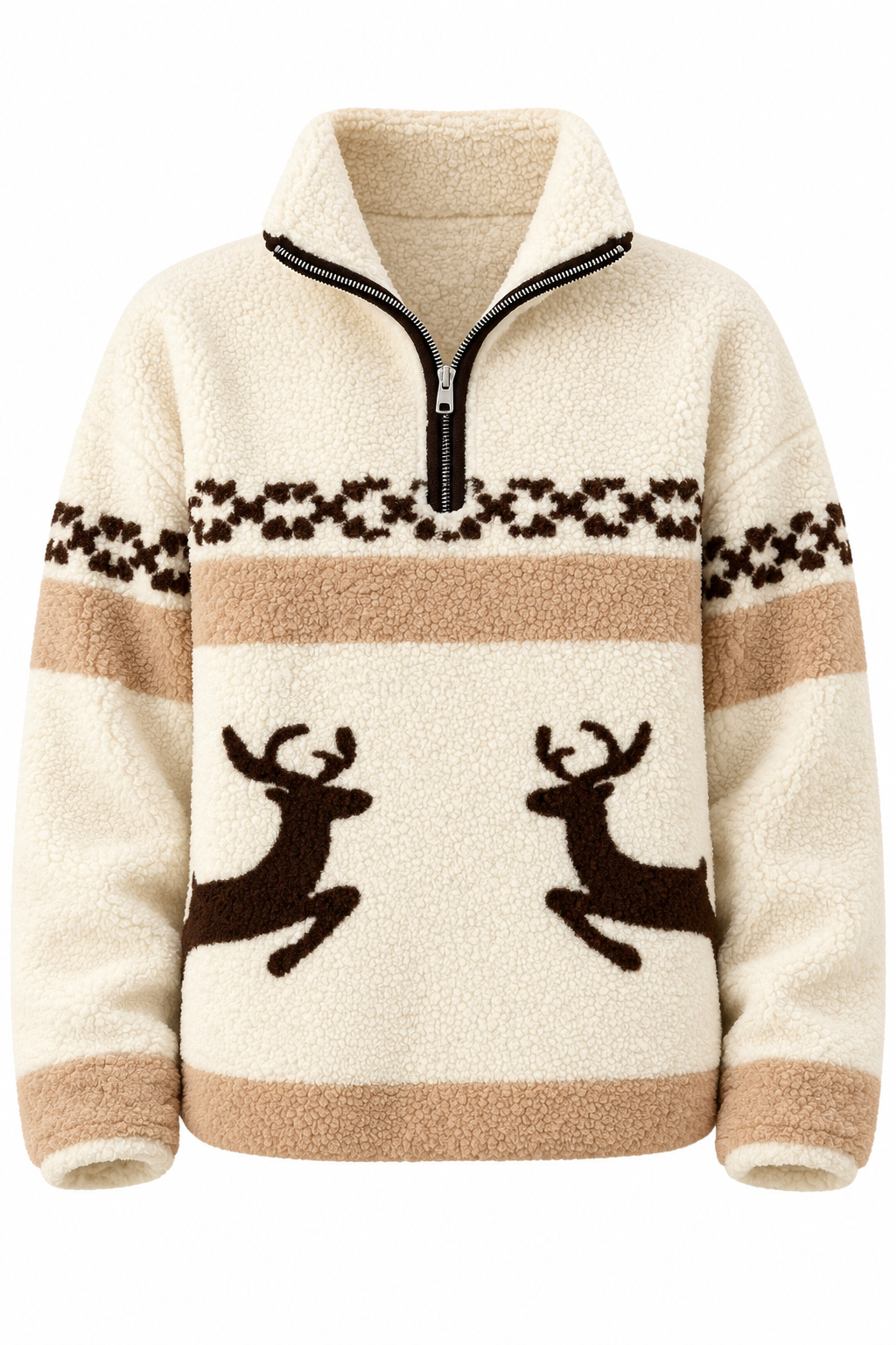 Kadın Desenli Dik Yaka Yarım Fermuarlı Polar Swearshirt Kahverengi