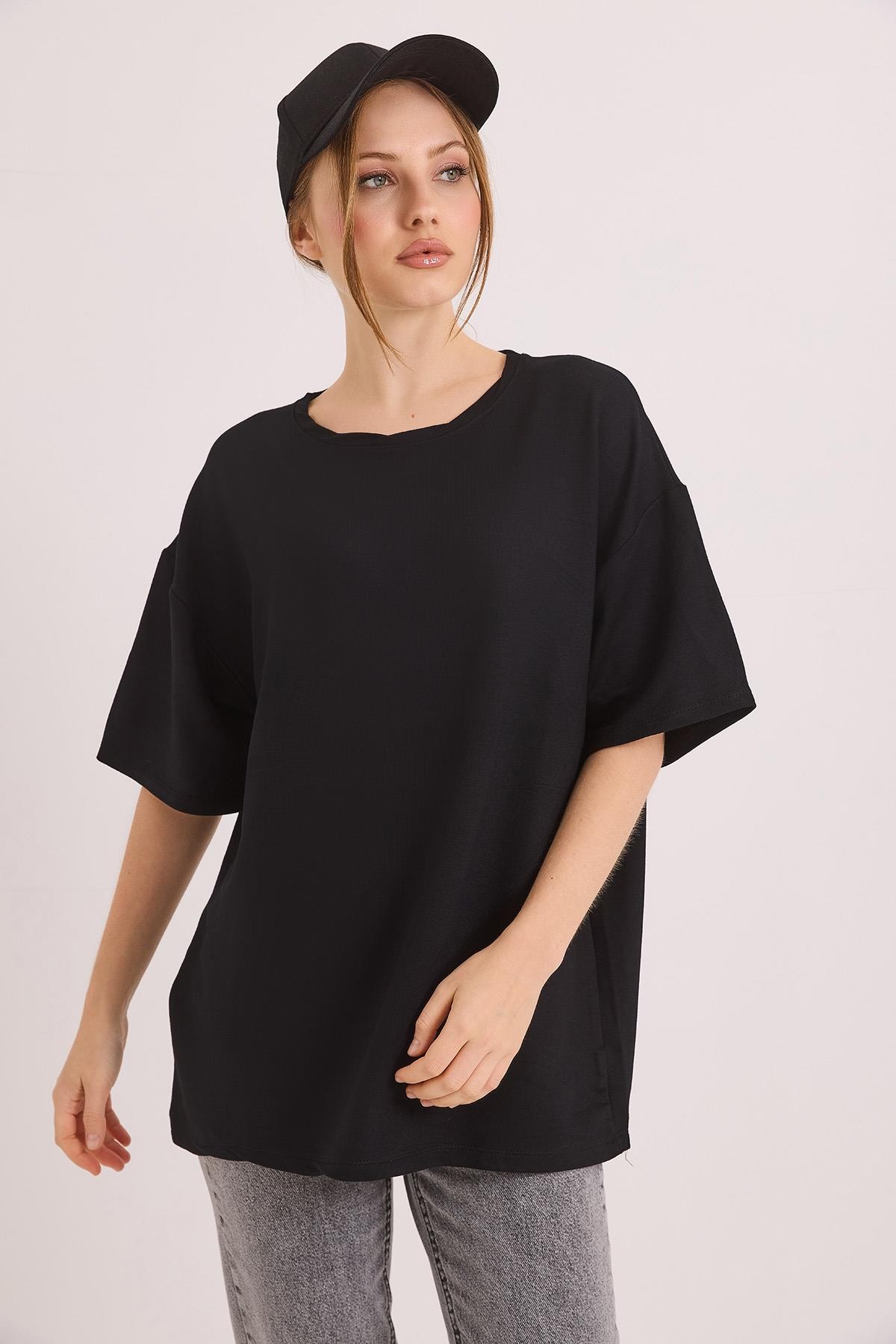Oversize Yumuşak Dokulu Salaş T-Shirt Siyah