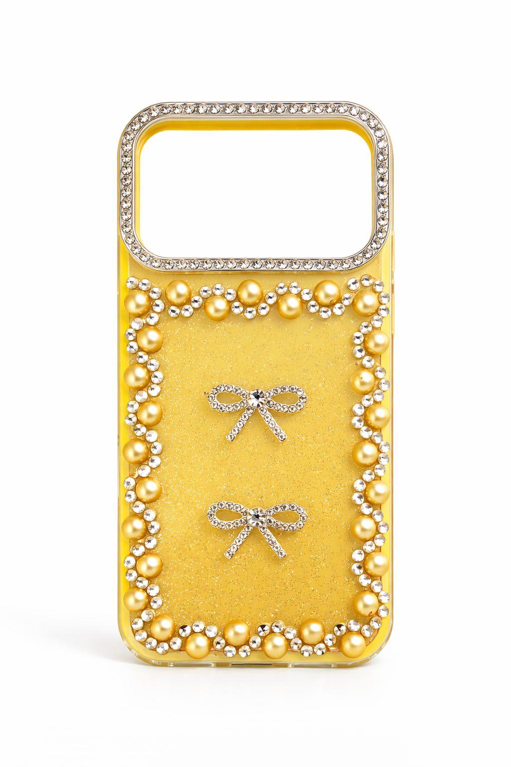 İphone 17 Pro Max Uyumlu Taş Detaylı Telefon Kılıfı Sarı