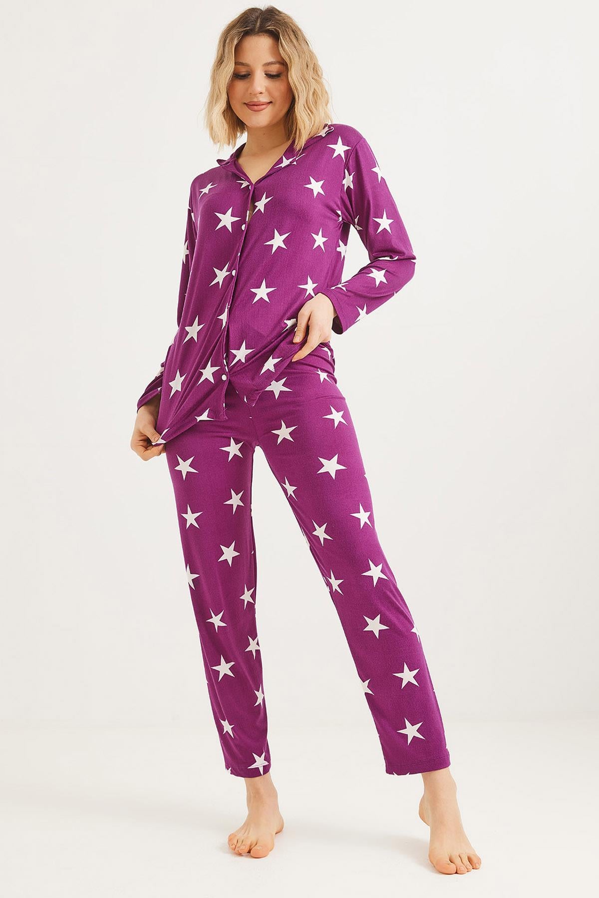 Düğmeli Uzun Kollu Pijama Takımı Mor