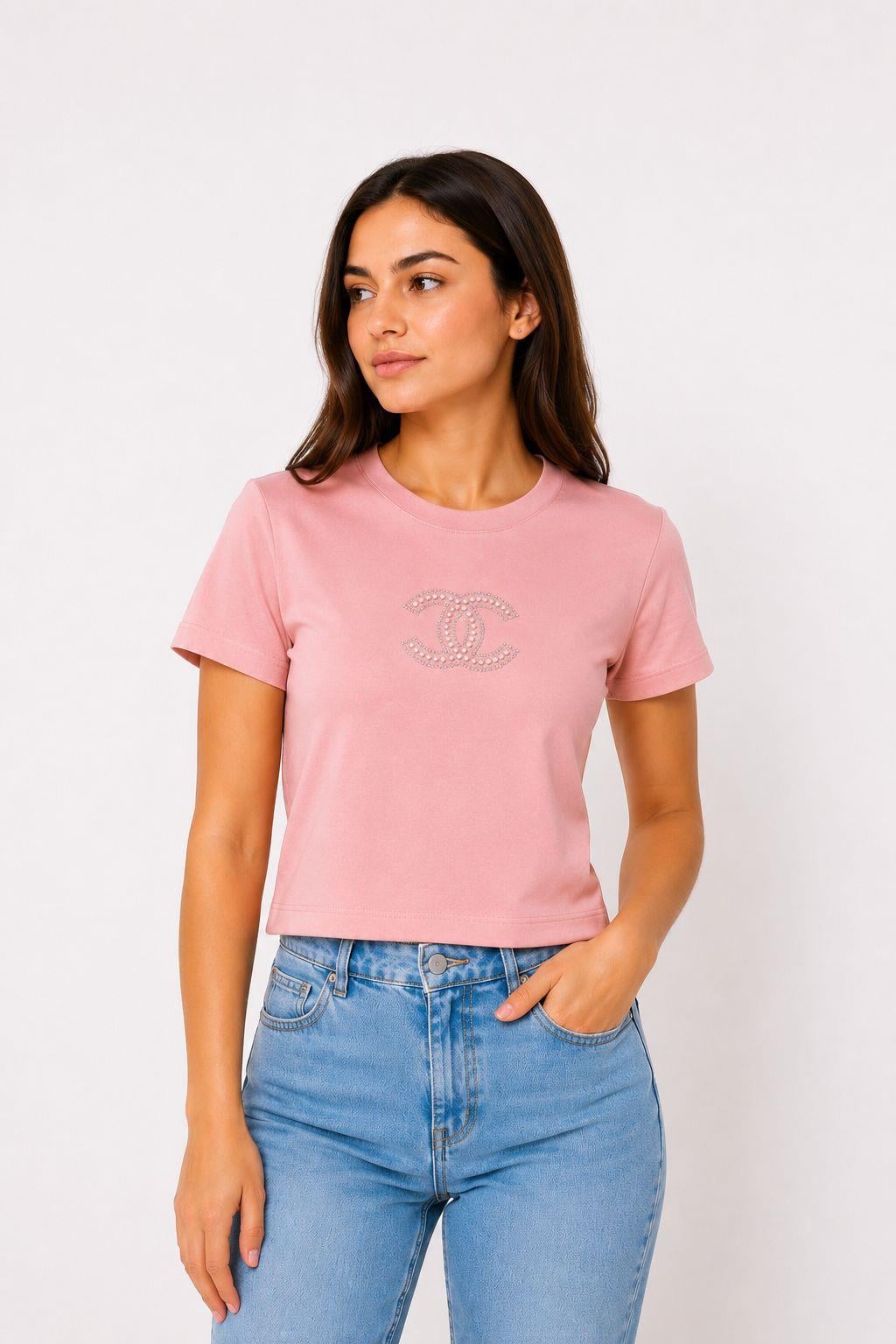 Kadın İnci Taşlı Bisiklet Yaka Crop Bluz Pembe