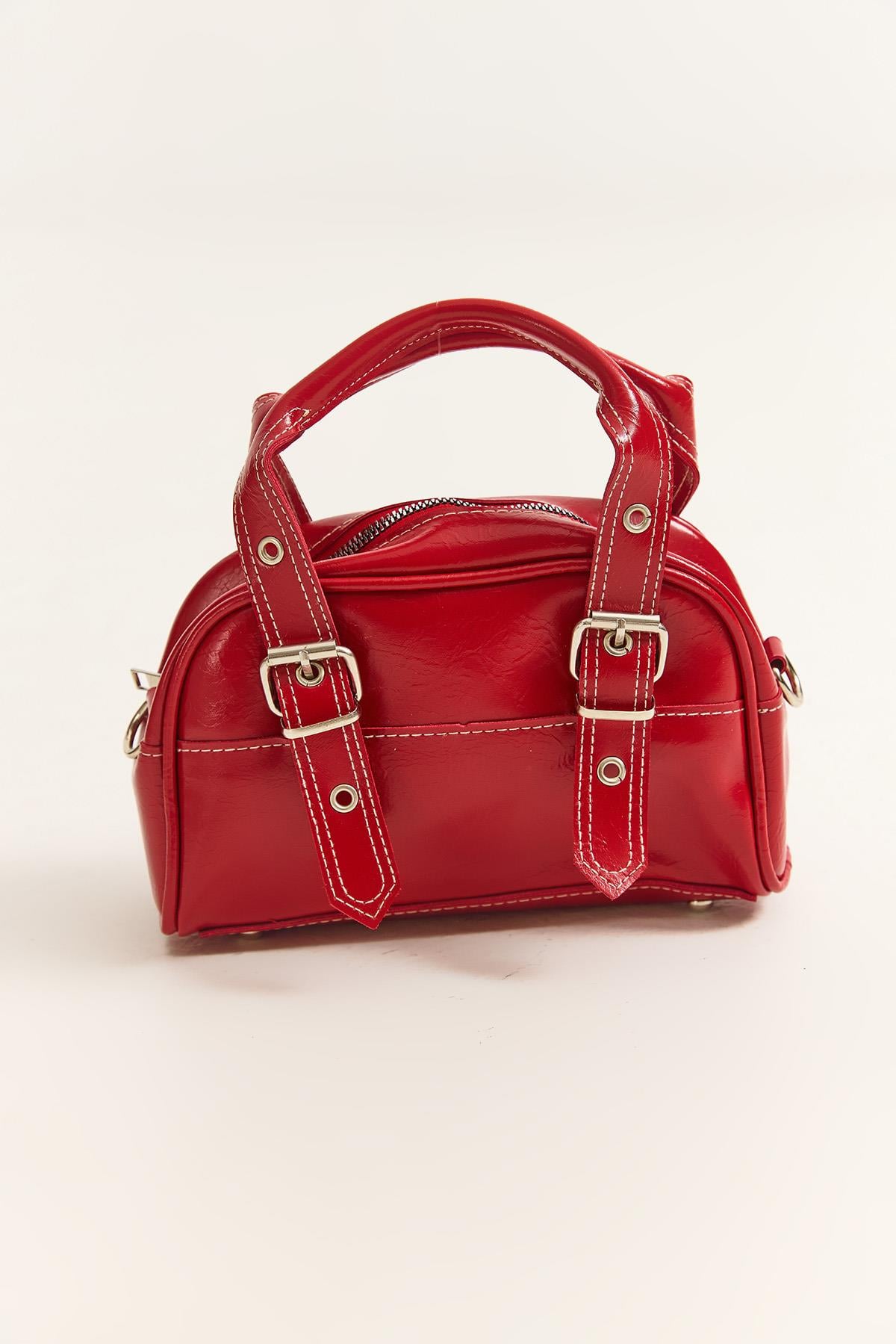 Çift Kemer Tokalı Suni Deri El ve Omuz Çantası Kırmızı
