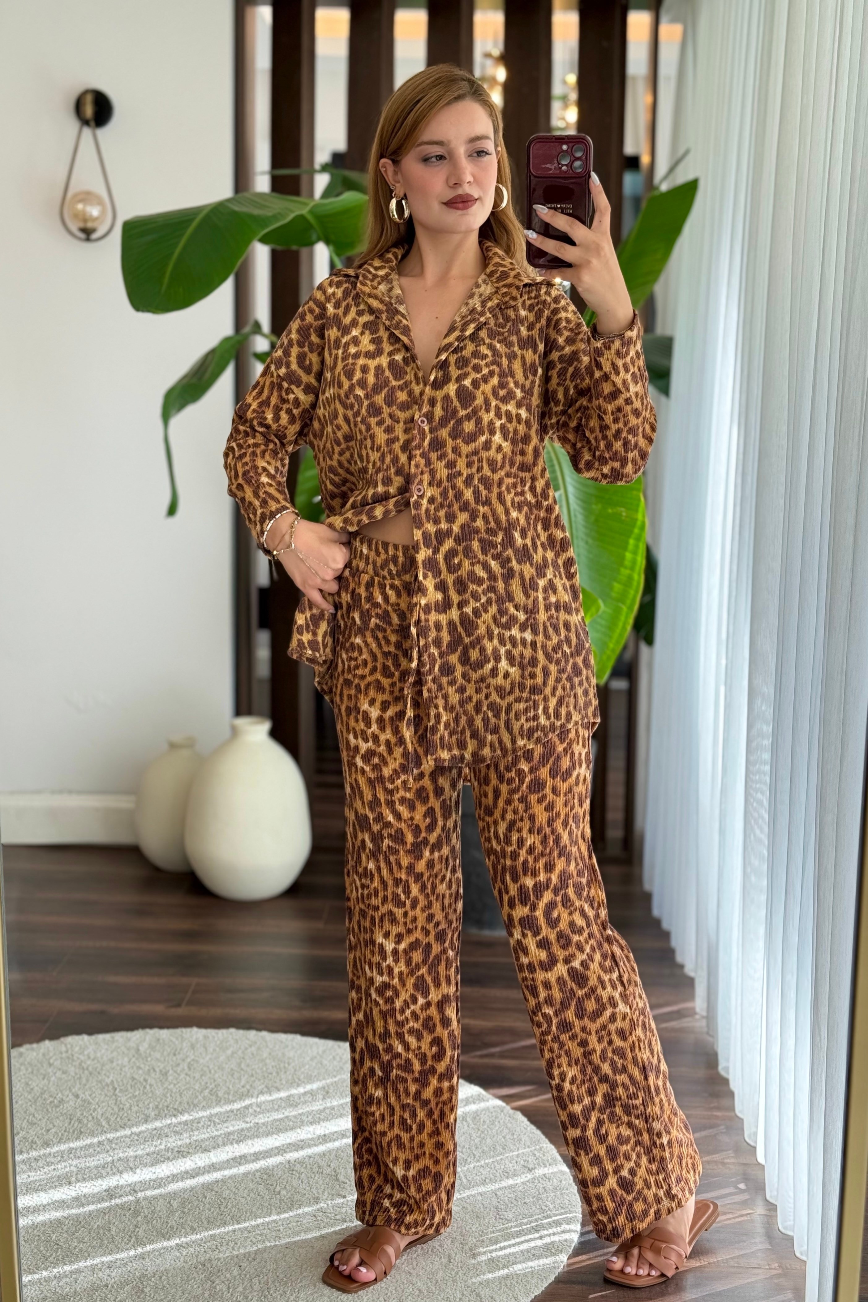Kadın Bürümcük Gömlek Pantolon Beli Lastikli Takım Leopar