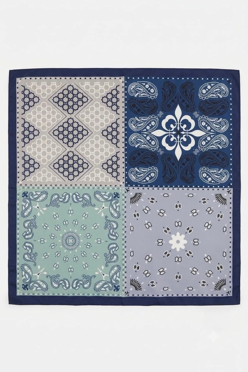 Etnik Desenli 60X65 Ölçülü Saten Fular Mavi