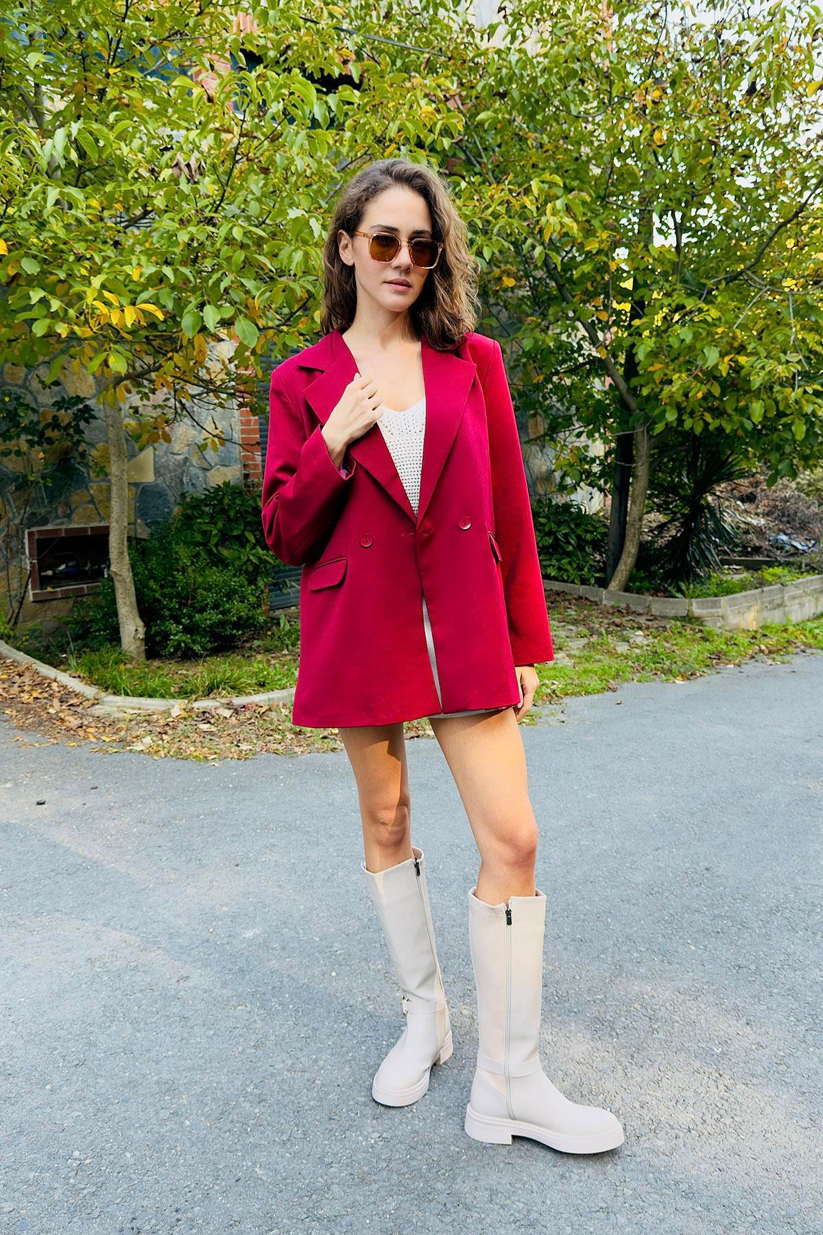 Kadın Oversize Spor ve Şık Tek Düğmeli Ceket Kırmızı
