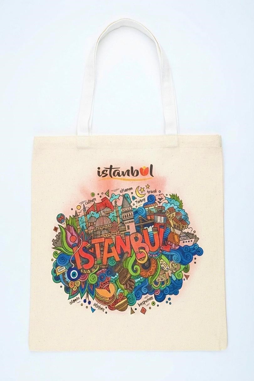 Kadın İstanbul Grafiti Baskılı 40X32 Ölçülü Bez Omuz Çantası Kırmızı