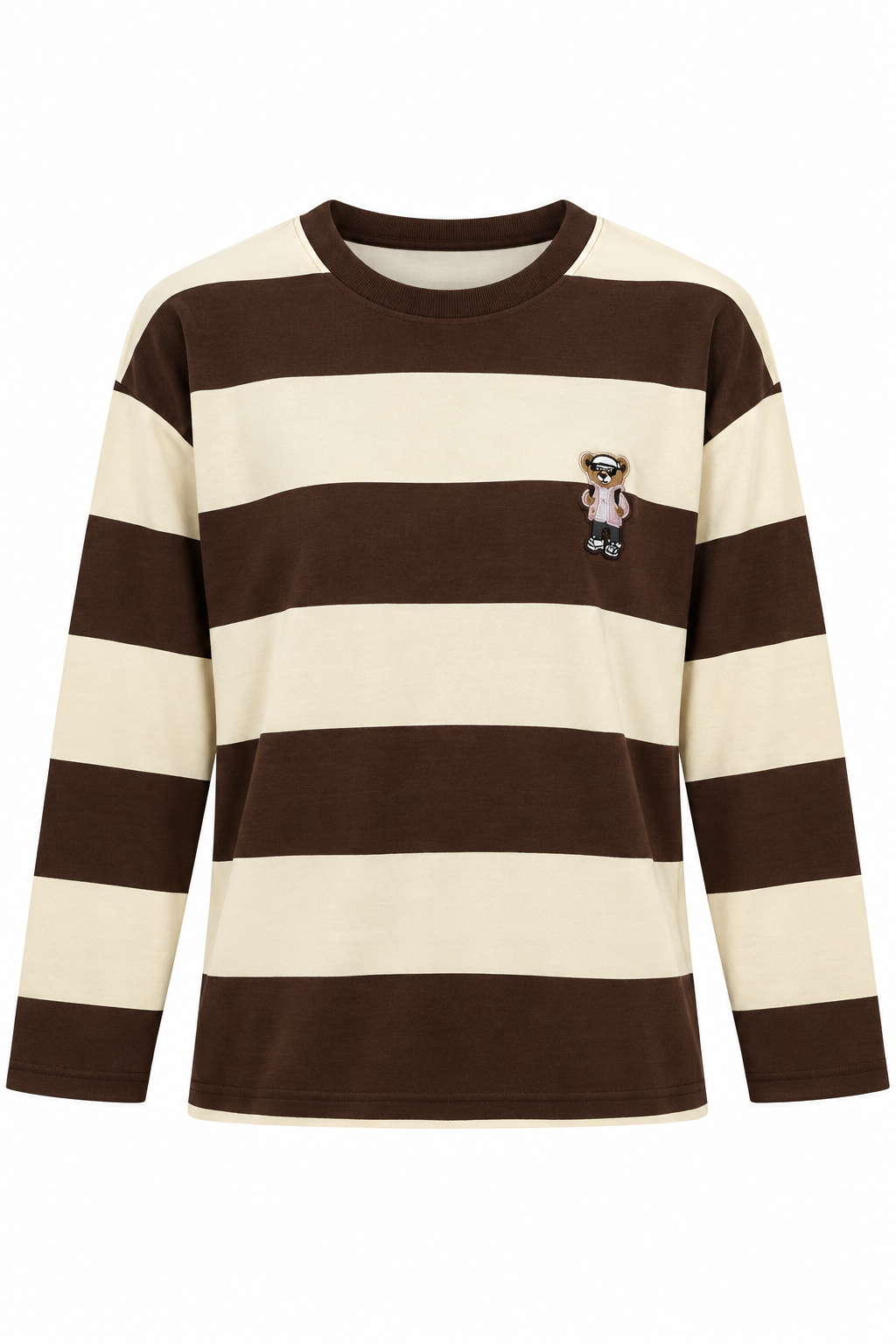 Kadın Uzun Kollu Çizgili Ayıcık Desenli Sweatshirt Kahve