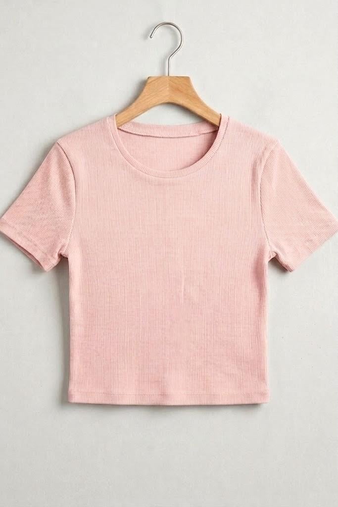 Kadın Bisiklet Yaka Kaşkorse Crop Bluz Pembe