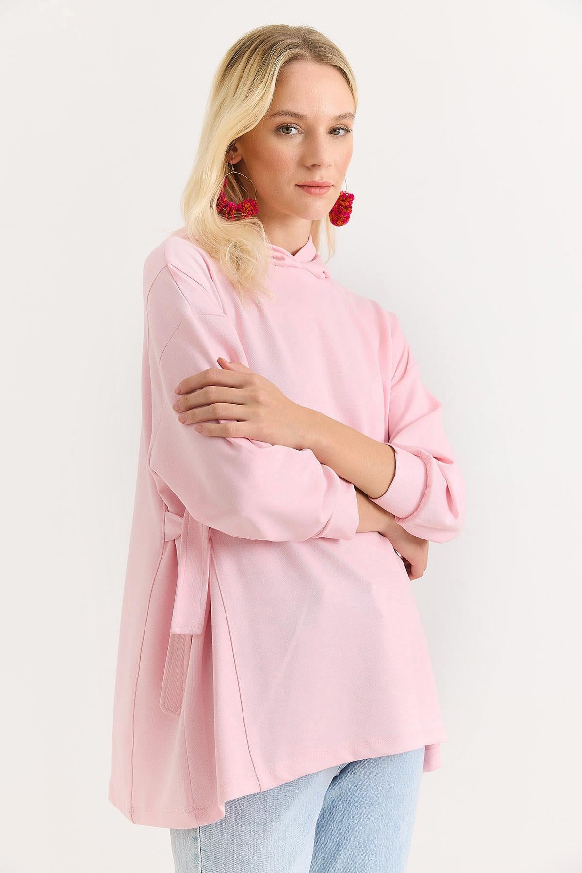 Kadın Yanları Bağlamalı Oversize Modal Tunik Pembe