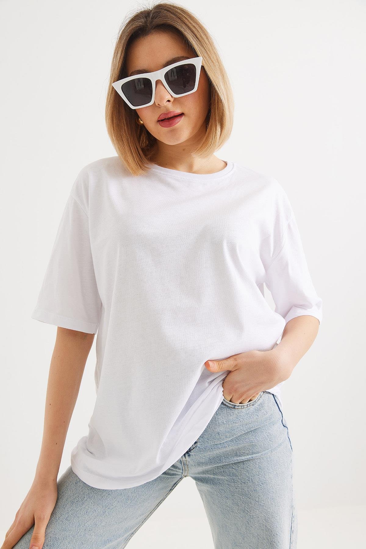 Oversize Bisiklet Yaka Basic Tshirt Beyaz