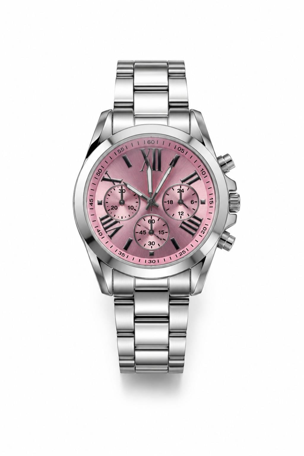 Silver Kordonlu Pembe Kadranlı Çelik Kol Saati Gümüş