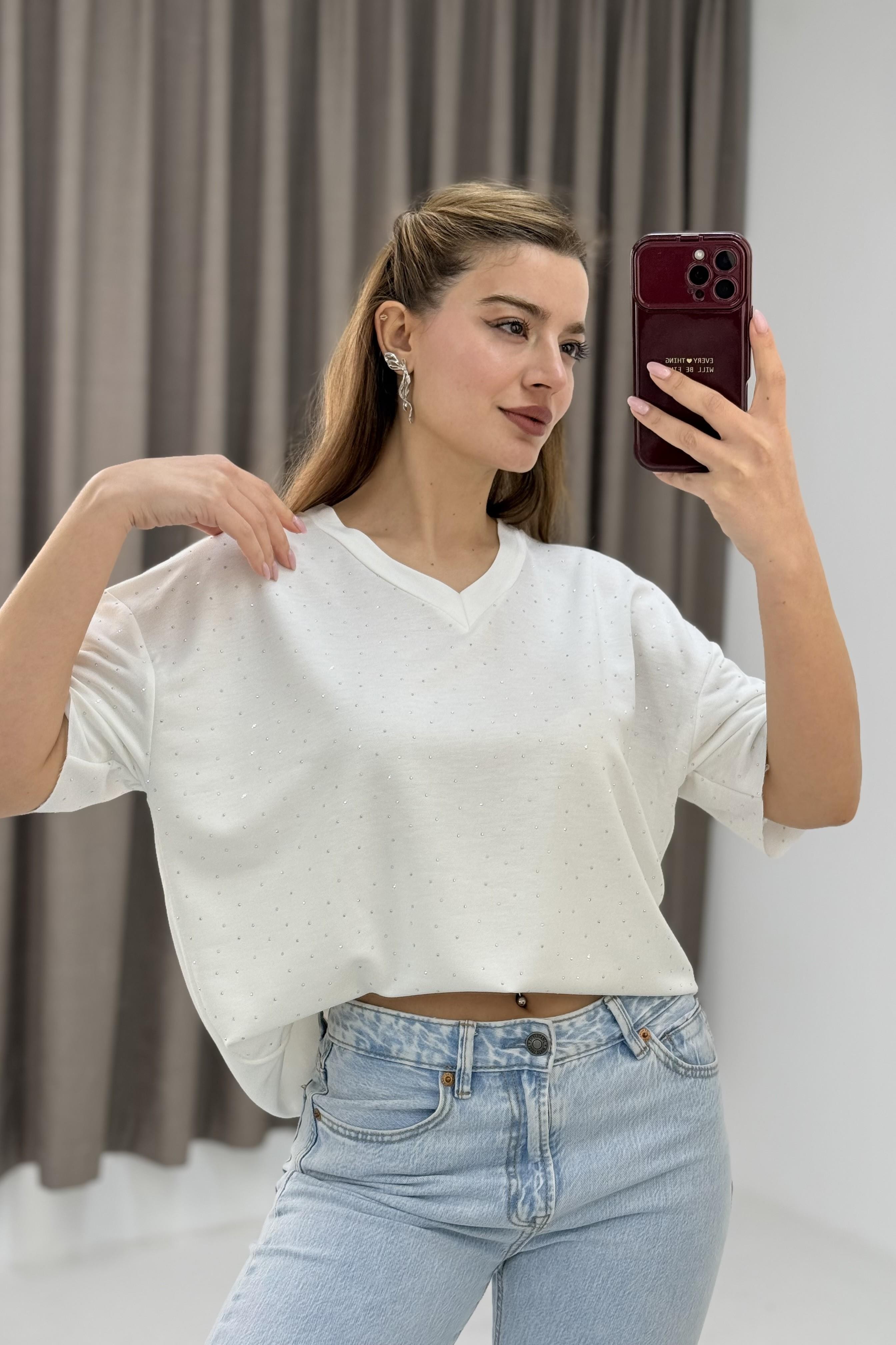V Yaka Taşlı Yarım Kol T-shirt Beyaz
