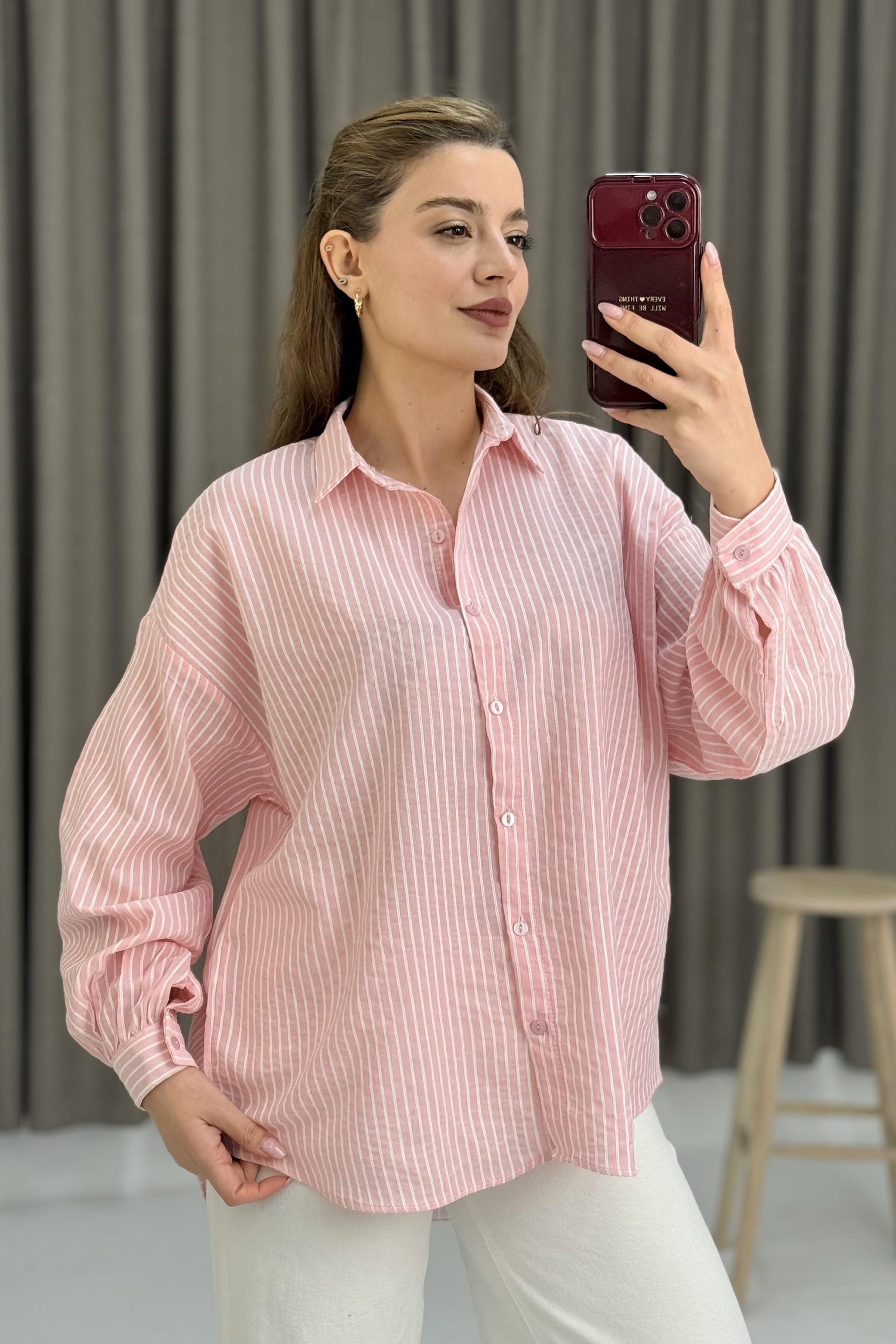 Kadın Uzun Kollu Oversize Gömlek Pembe