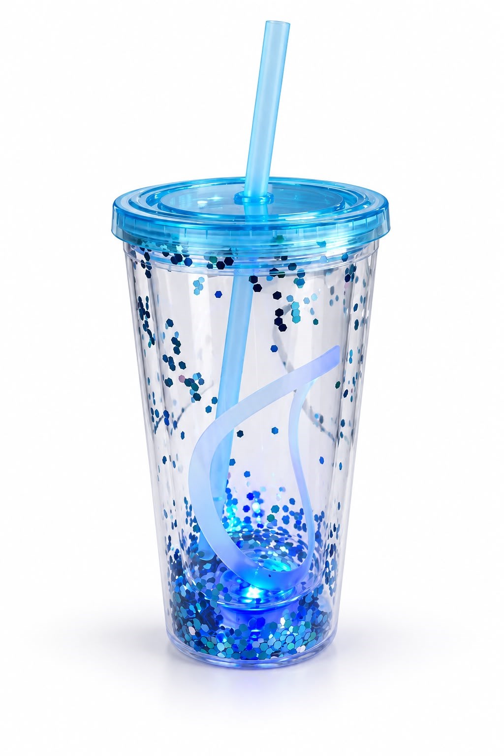 LED Işıklı Simli Pipetli Bardak Mavi