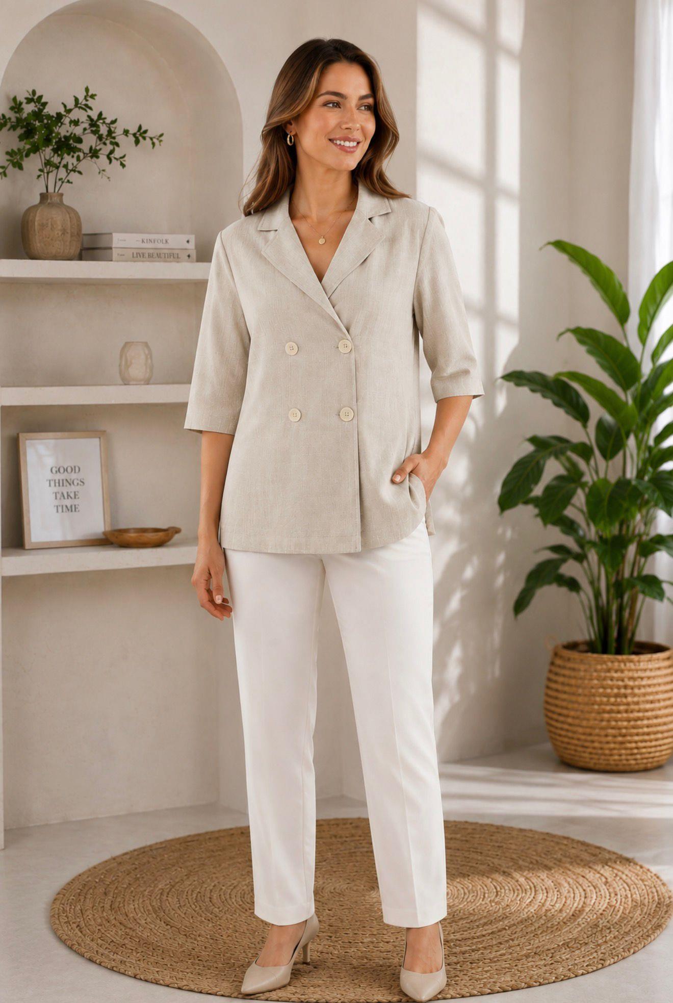 Kadın Kruvaze Yaka Oversize Blazer Ceket Ekru