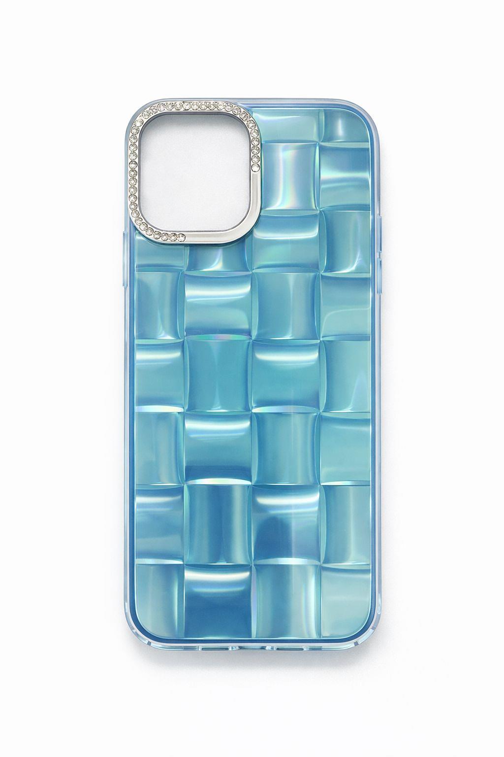 iPhone 15 Pro Max Uyumlu 3D Kare Desenli Parlak Kılıf Mavi