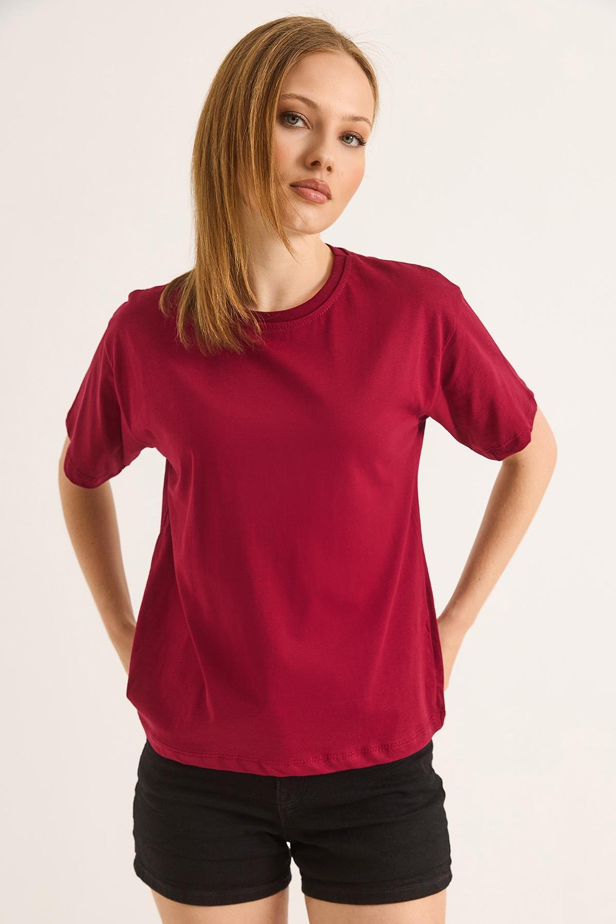 Bisiklet Yaka Kısa Kollu Fit Tshirt Bordo