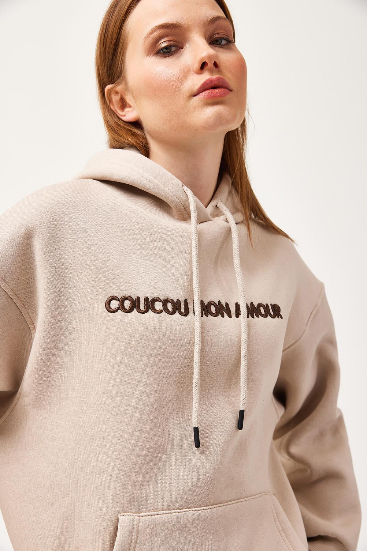 Oversize Kapüşonlu Kanguru Cepli Sweatshirt Bej · 3