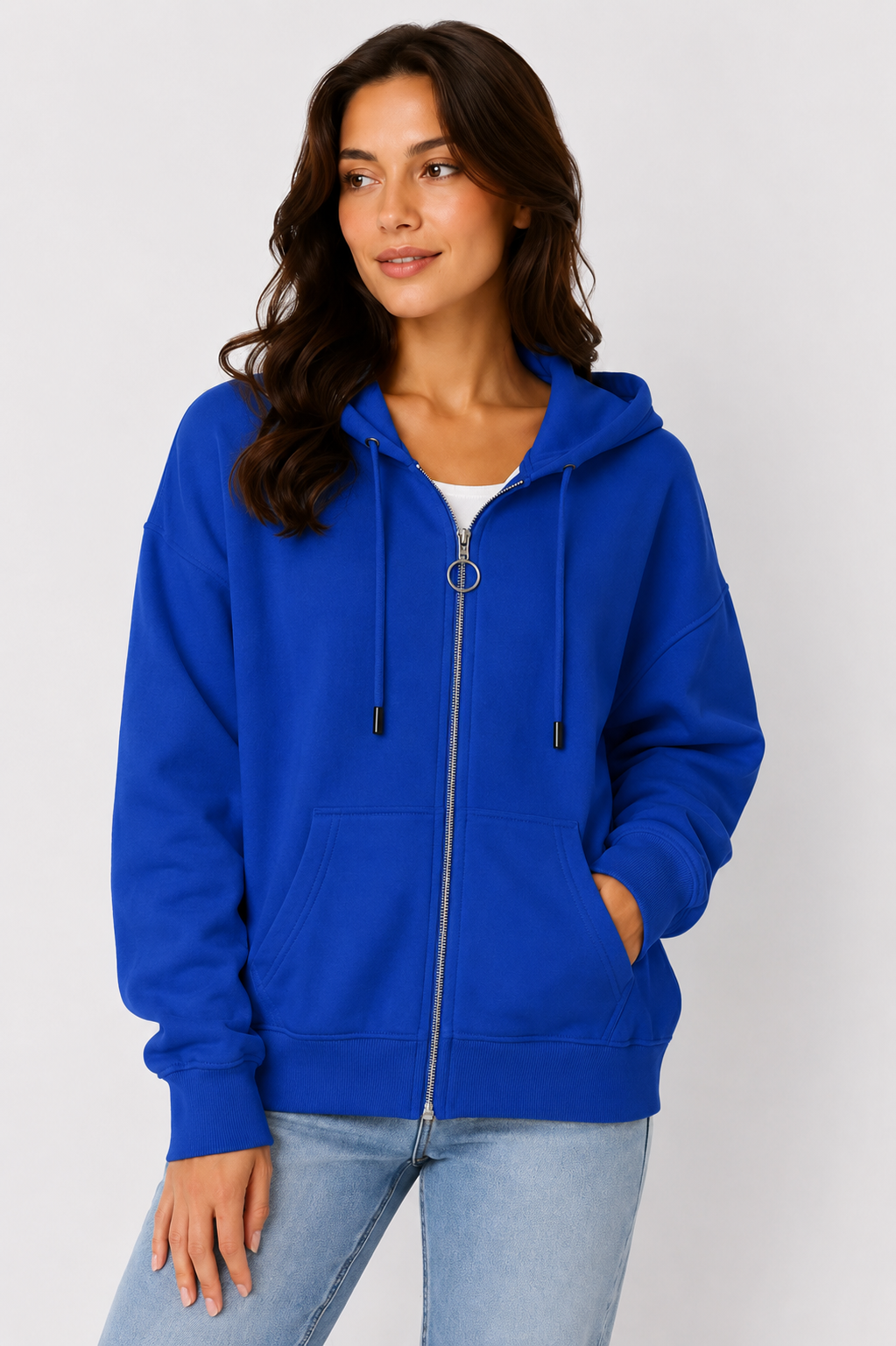 Kadın Kapüşonlu Fermuar Detaylı Cepli Sweatshirt Lacivert