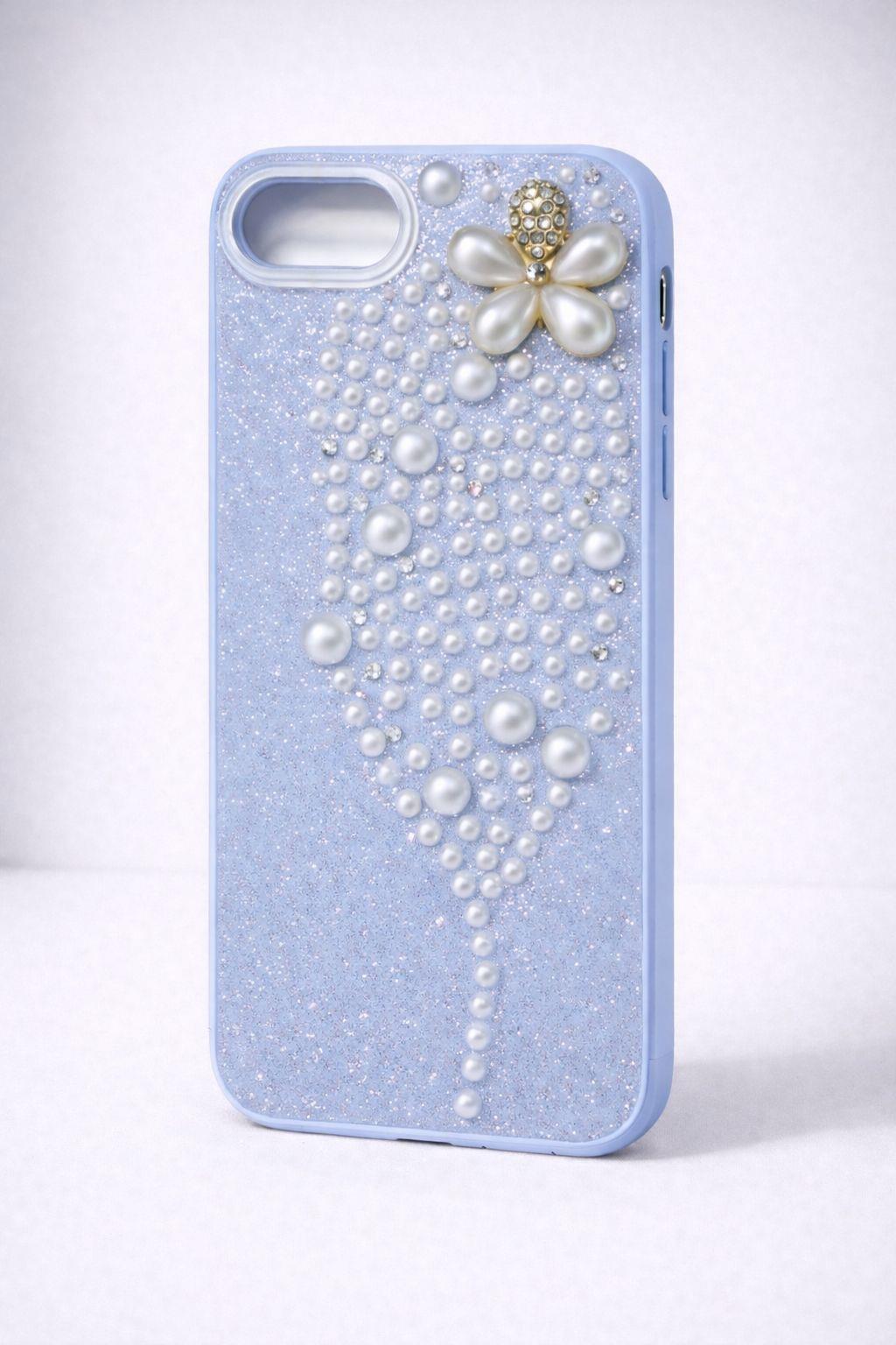 İphone 16 E Uyumlu İnci ve Glitter Detaylı Kılıf Mavi