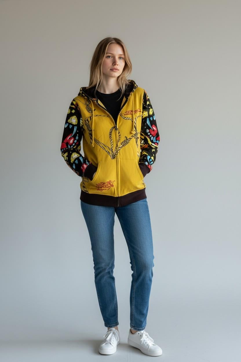 Kadın Fermuarlı Kapüşonlu Sarı Vintage Sweatshirt
