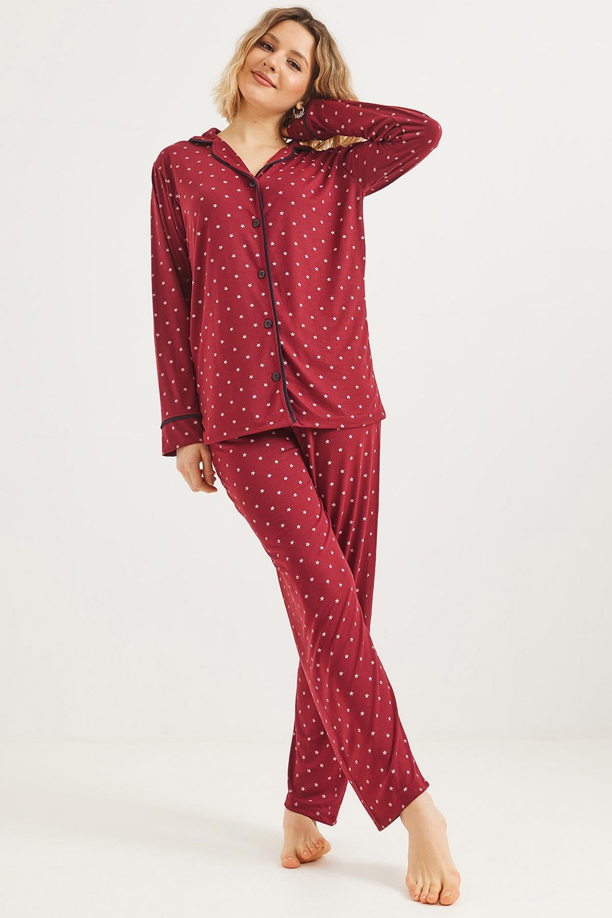 Düğmeli Uzun Kollu Pijama Takımı Kırmızı