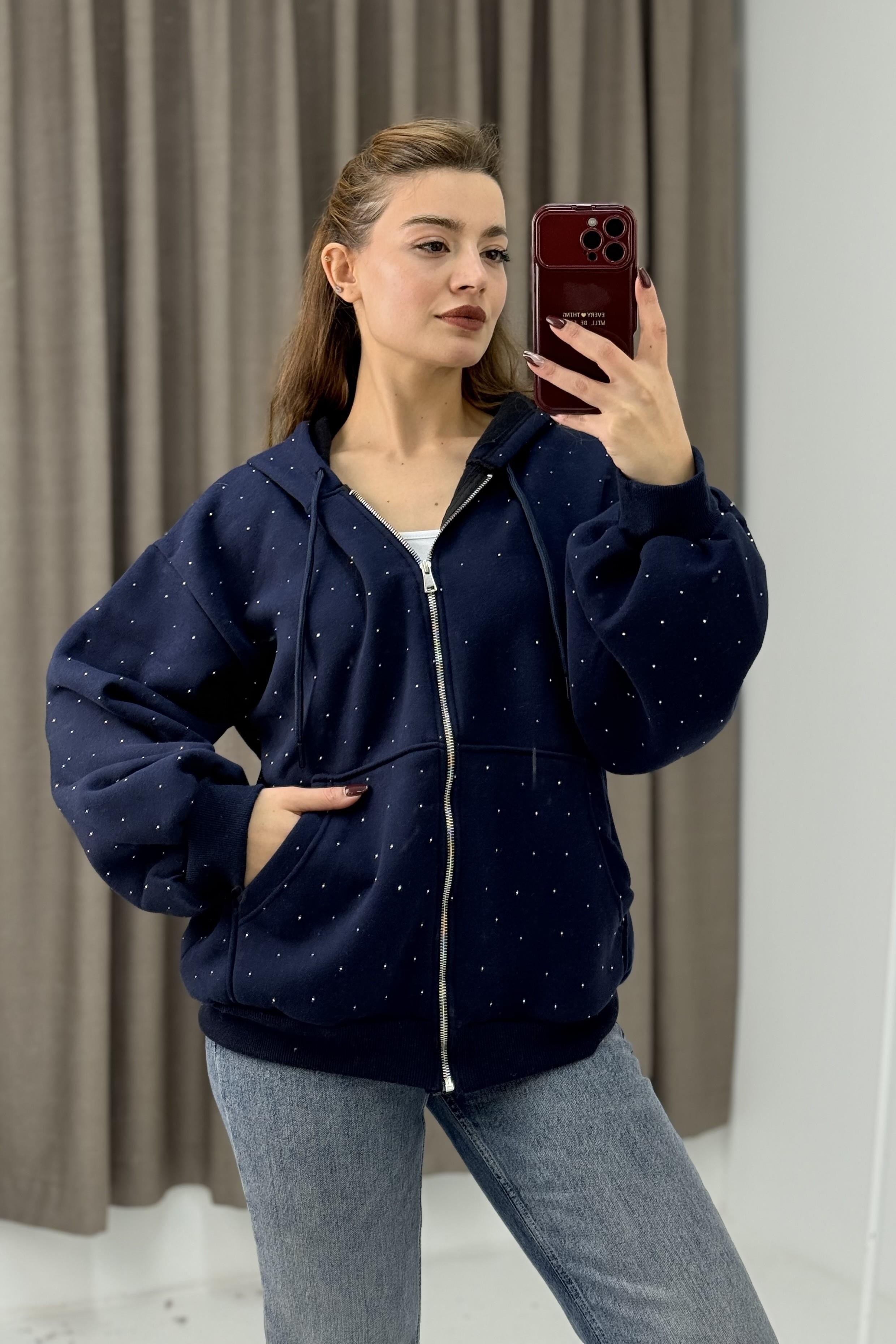 Kadın Taş Detaylı Kapüşonlu 3 İplik Fermuarlı Sweatshirt Lacivert