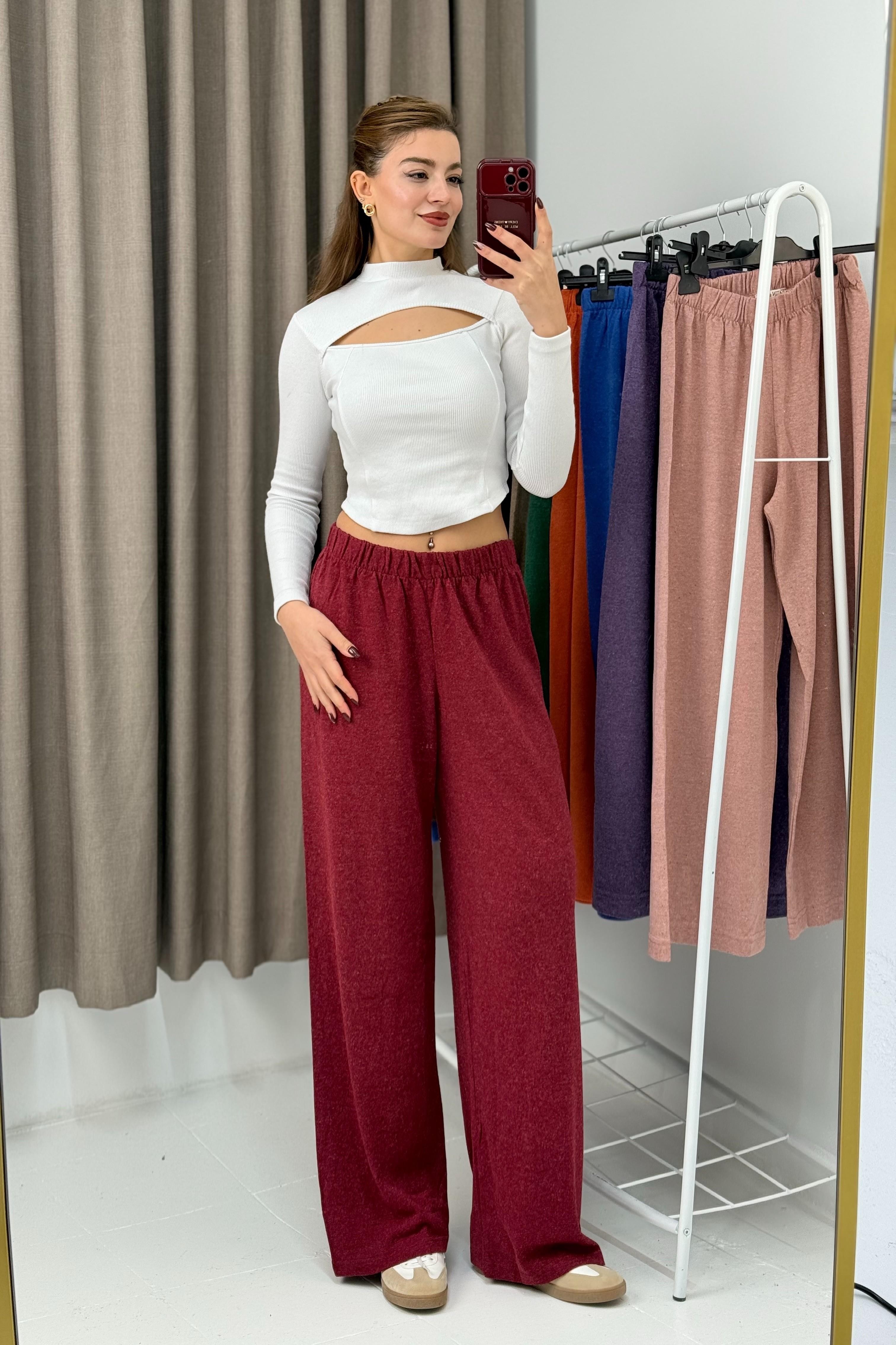 Kadın Triko Bordo Salaş Pantolon  