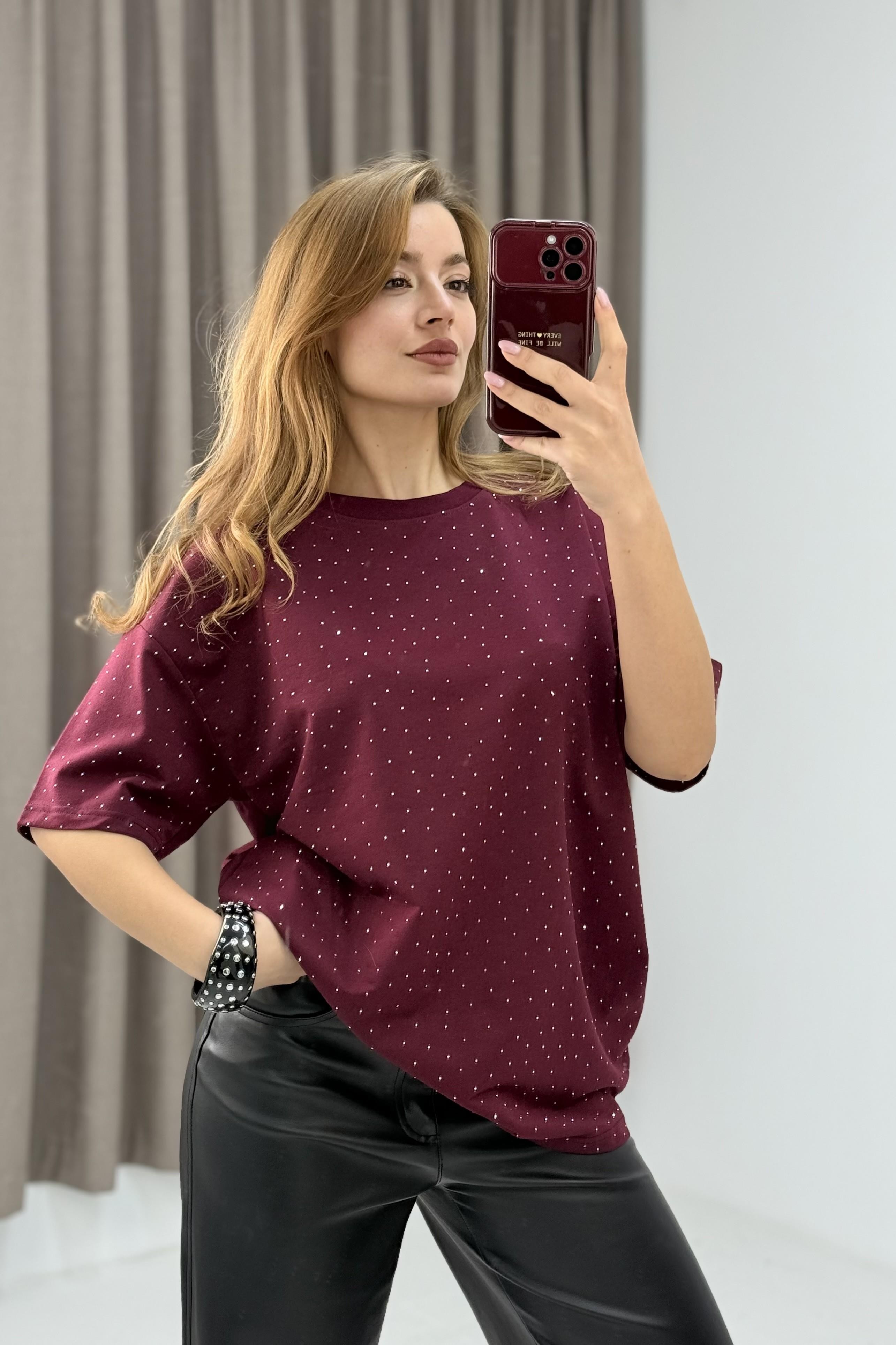 Bisiklet Yaka Taşlı Yarım Kol T-shirt Bordo