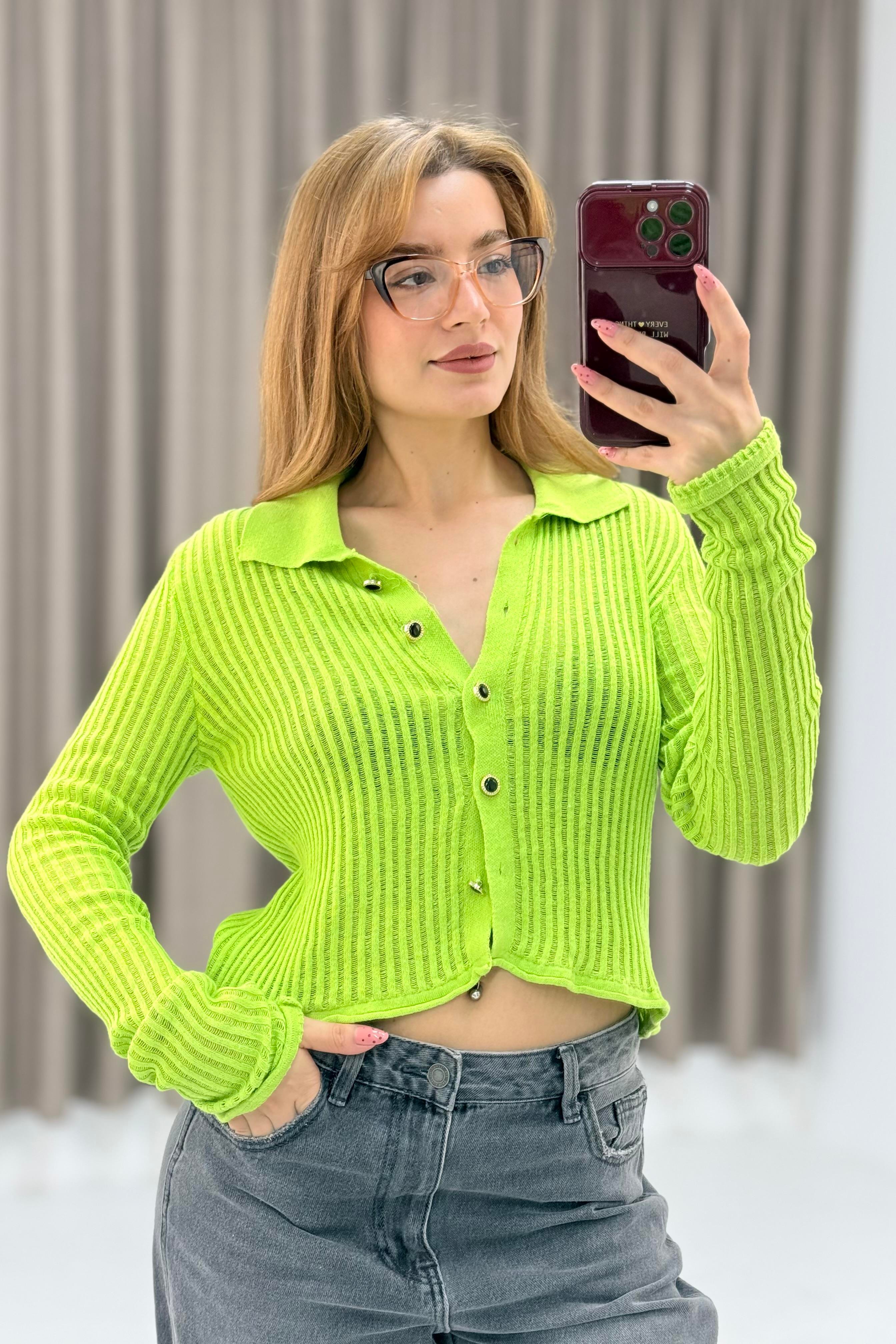 Polo Yaka Yazlık Triko Hırka Yeşil