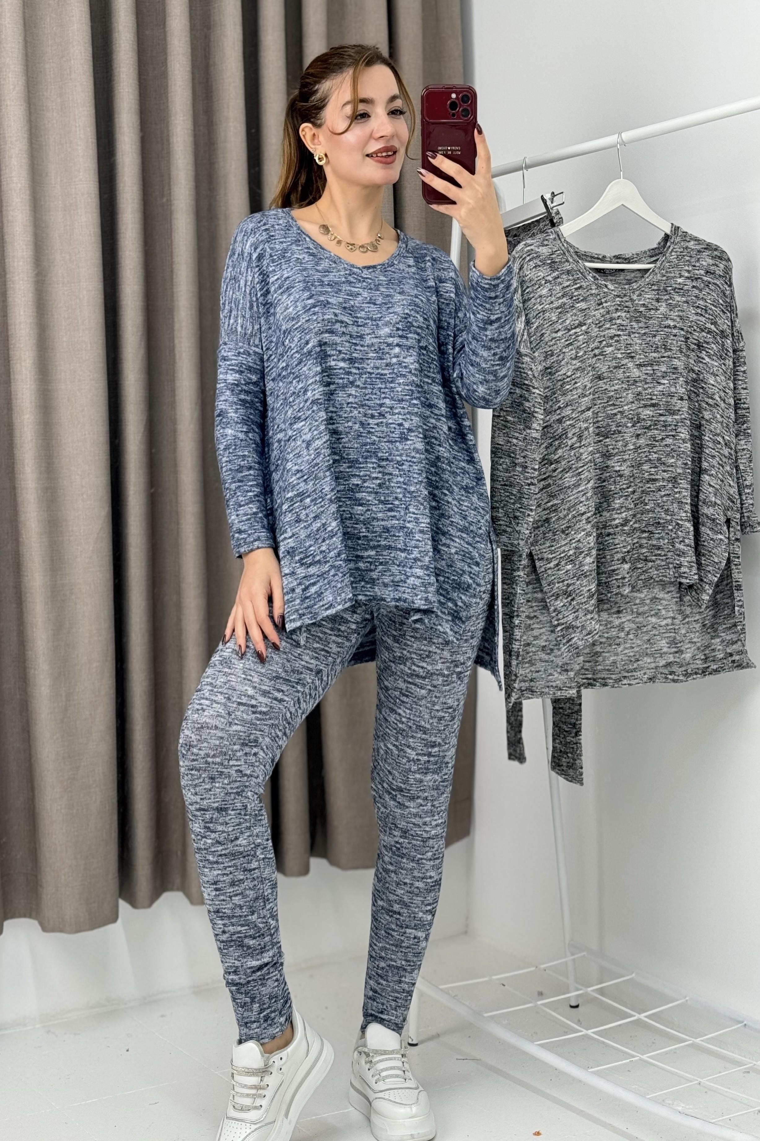 Kadın Yumoş Üstü Bol Altı Tayt İkili Takım Mavi