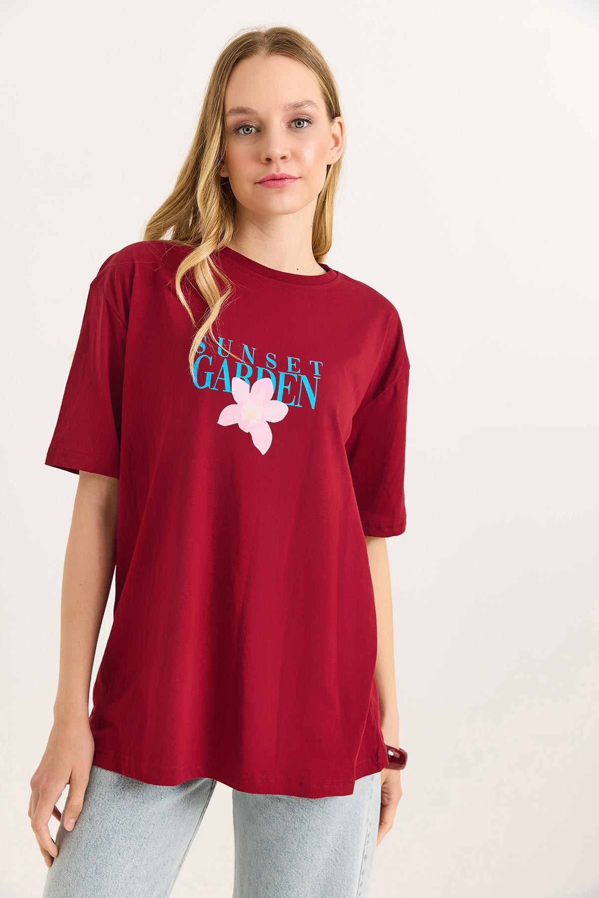 Ön Arka Baskılı Bisiklet Yaka Tshirt Bordo