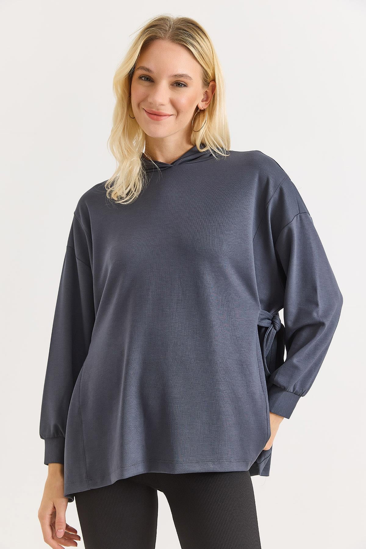 Kadın Yanları Bağlamalı Oversize Modal Tunik Füme