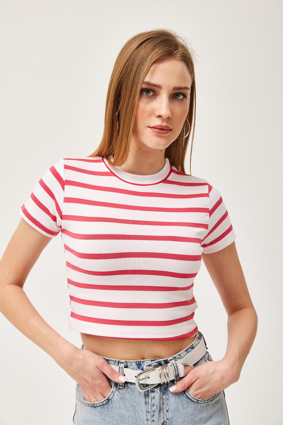 Çizgili Bisiklet Yaka Crop Bluz Pembe