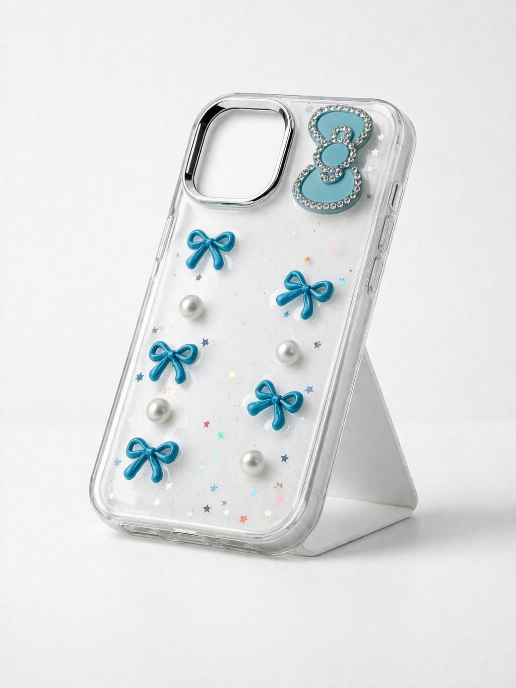 İphone 13 Pro Max Uyumlu Kurdeleli ve İnci Taşlı Kılıf Mavi