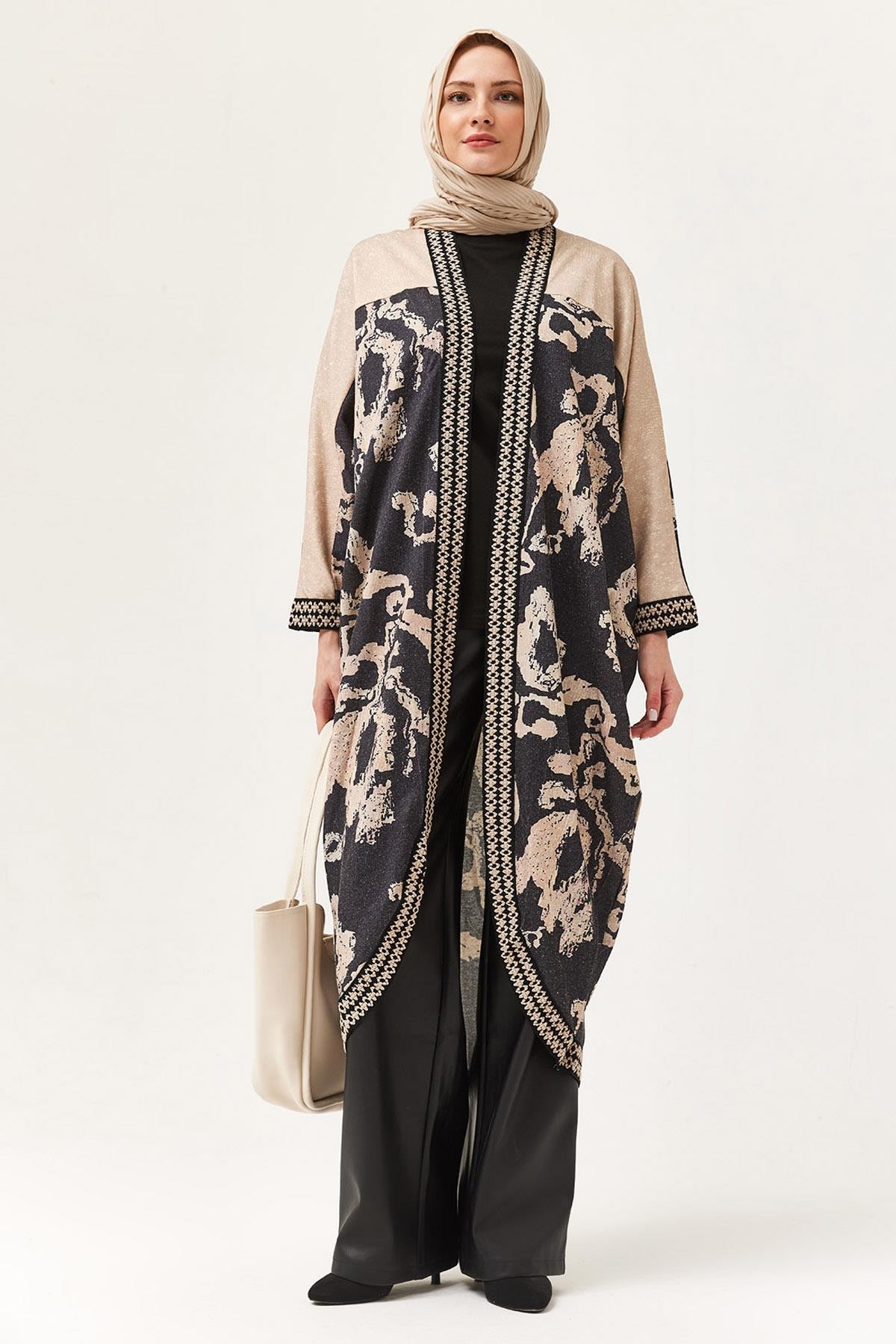 Oversize Şerit Detaylı Kimono Hırka Siyah · 2