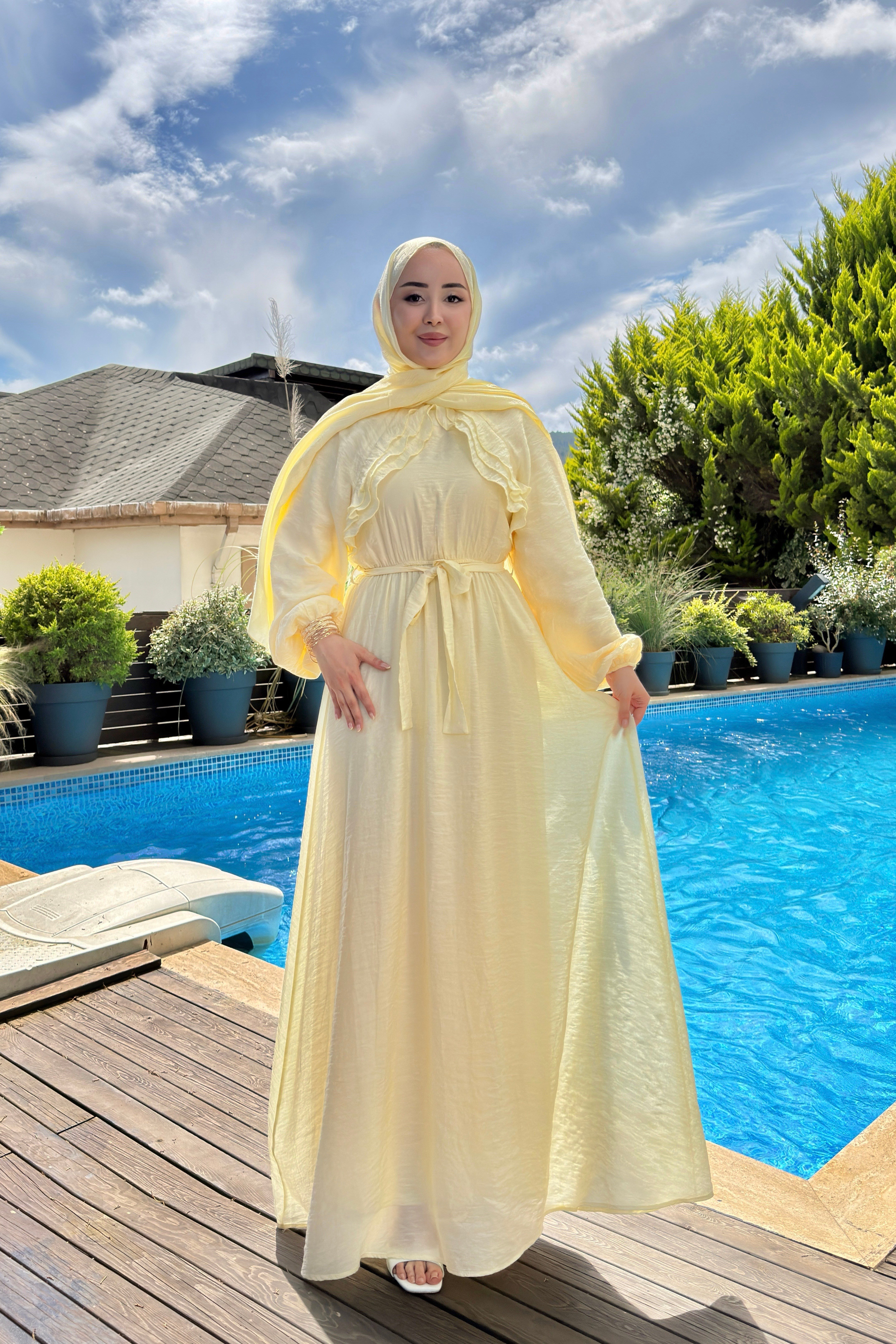 Kadın Fırfır Detay Kuşaklı Tül Modal Astarlı Elbise Sarı