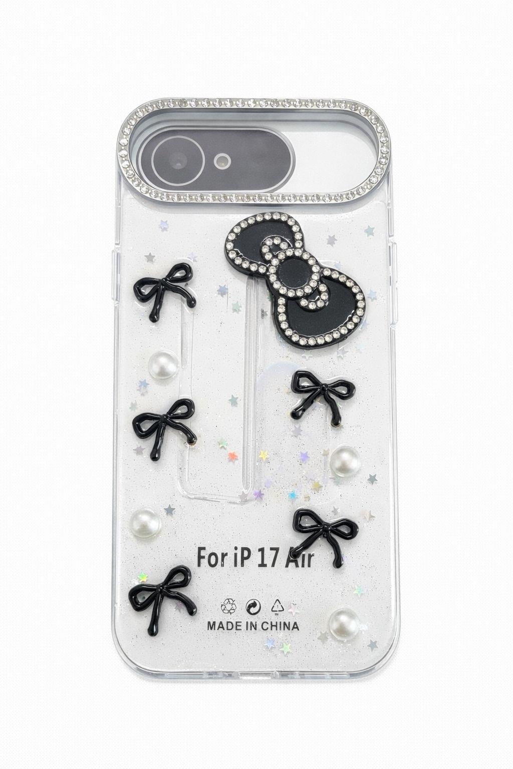 İphone 17 Air Uyumlu Kurdeleli ve İnci Taşlı Kılıf Siyah