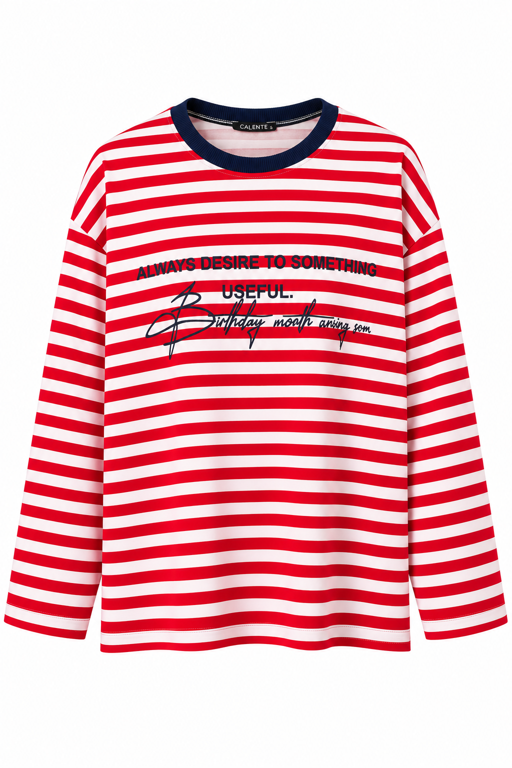 Kadın Bisiklet Yaka Baskılı Çizgili Sweatshirt Kırmızı