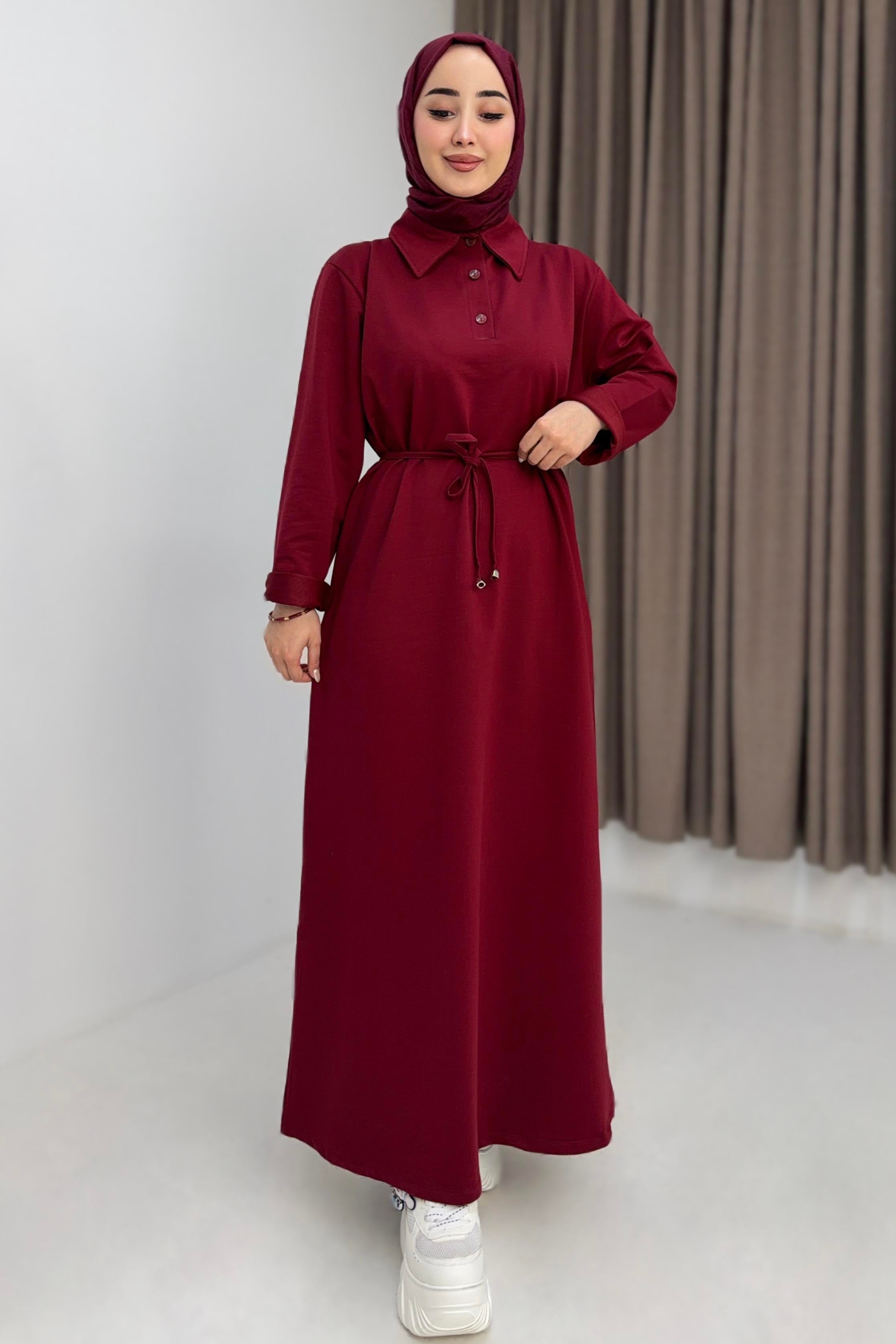 Kadın Beli Bağlamalı Düz Basic Elbise Bordo