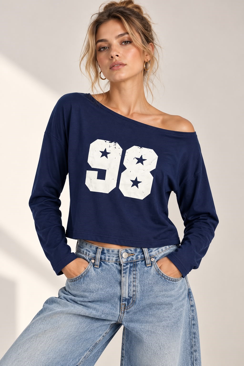 Kayık Yaka Viskon 98 Baskılı  Uzun Kollu Tshirt Lacivert