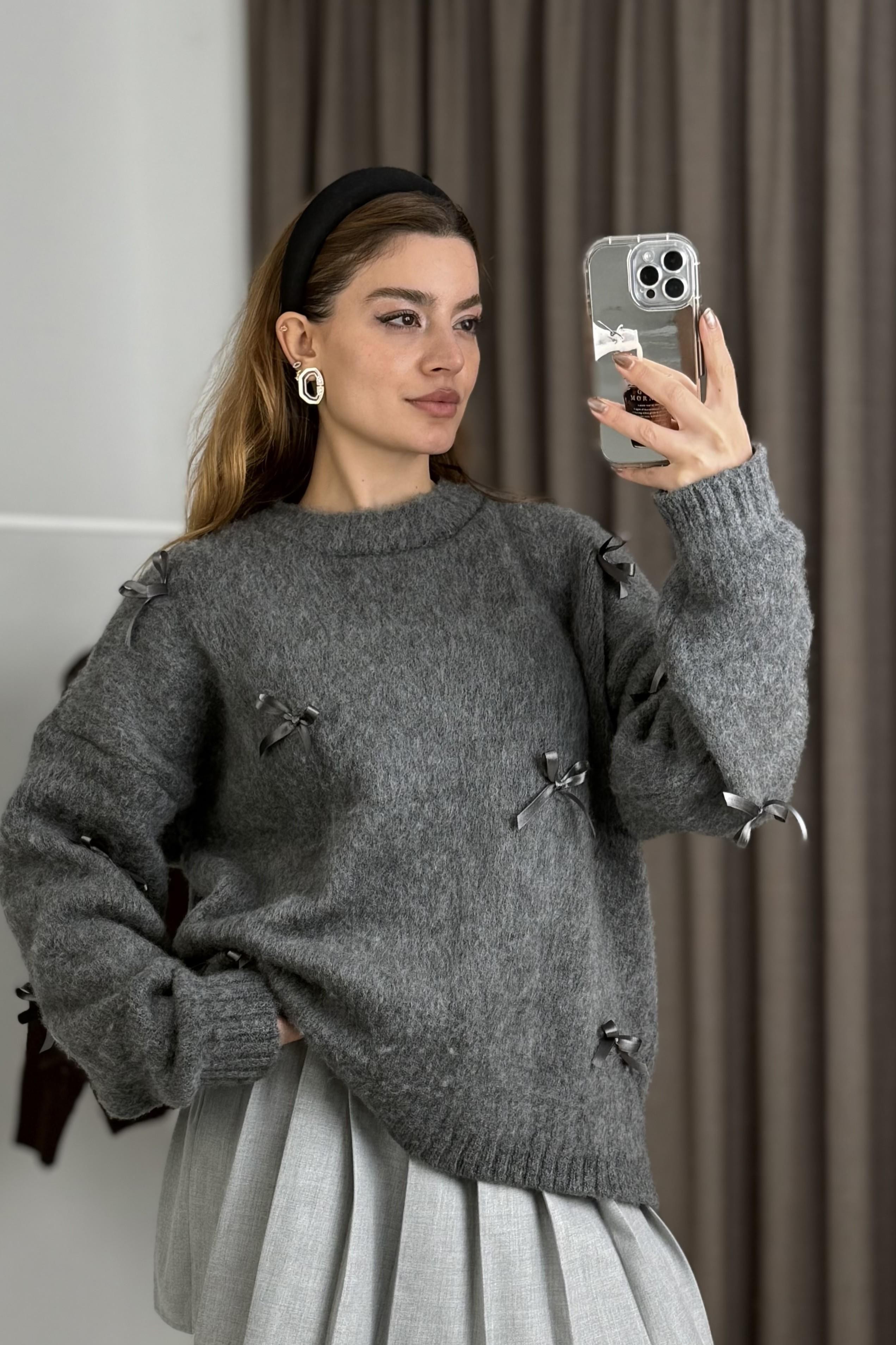 Kadın Kurdele Detaylı Oversize Triko Kazak Antrasit