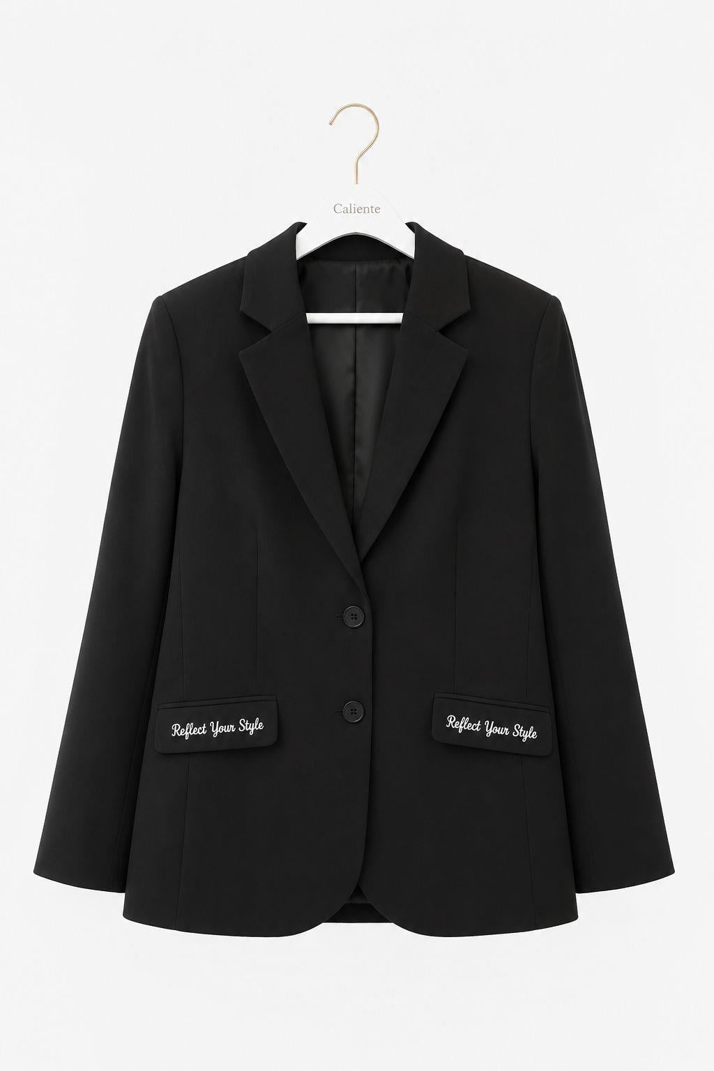 Kadın Kruvaze Yaka Cepleri Yazı Detaylı Blazer Ceket Siyah