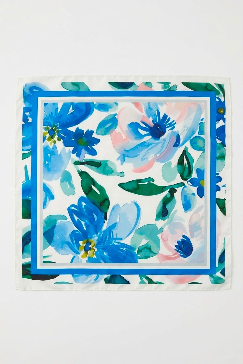  Çiçek Desenli 45X45 Ölçülü Fular Mavi