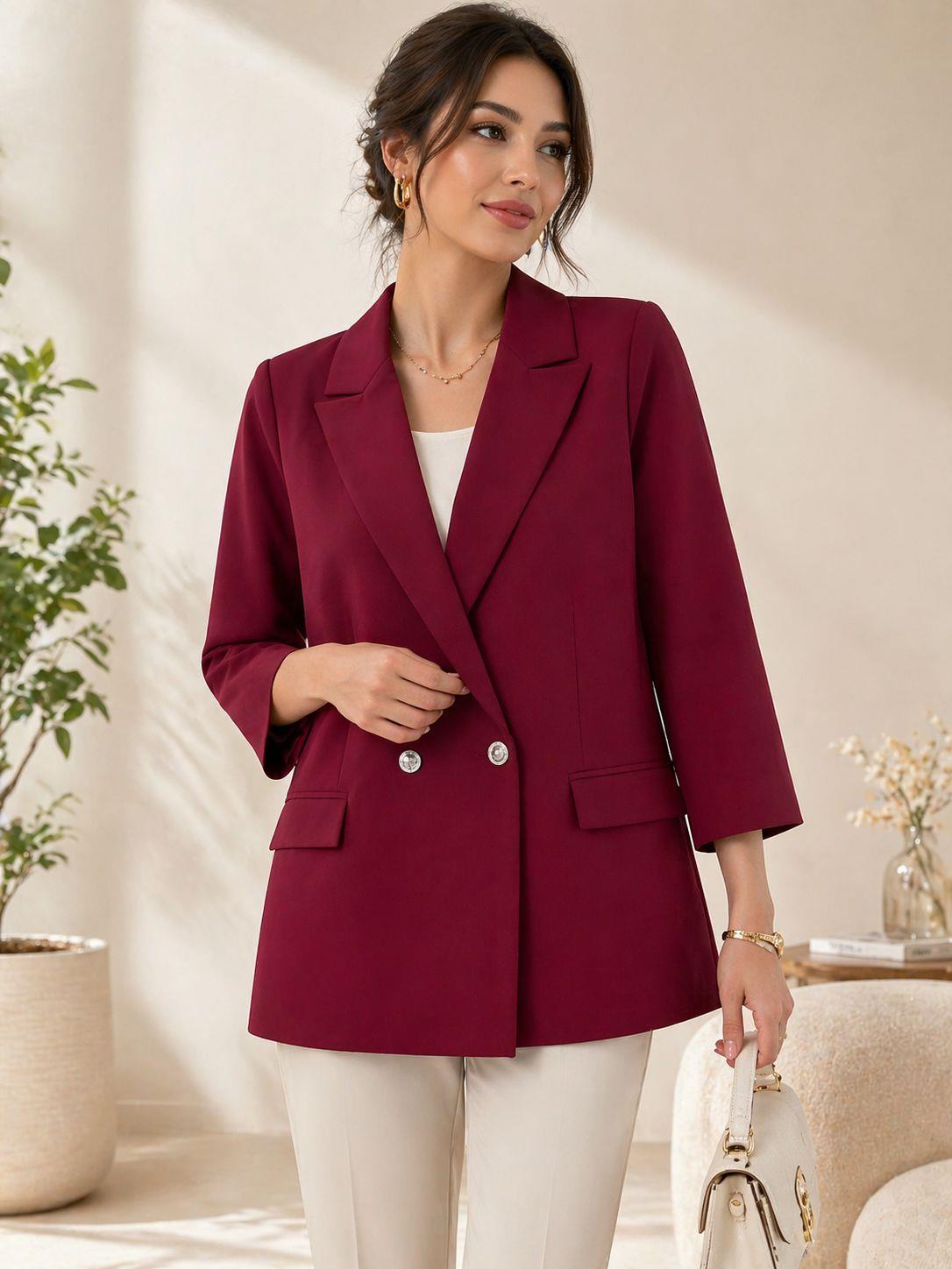 Kadın Kruvaze Yaka Çift Düğmeli Blazer Ceket Bordo