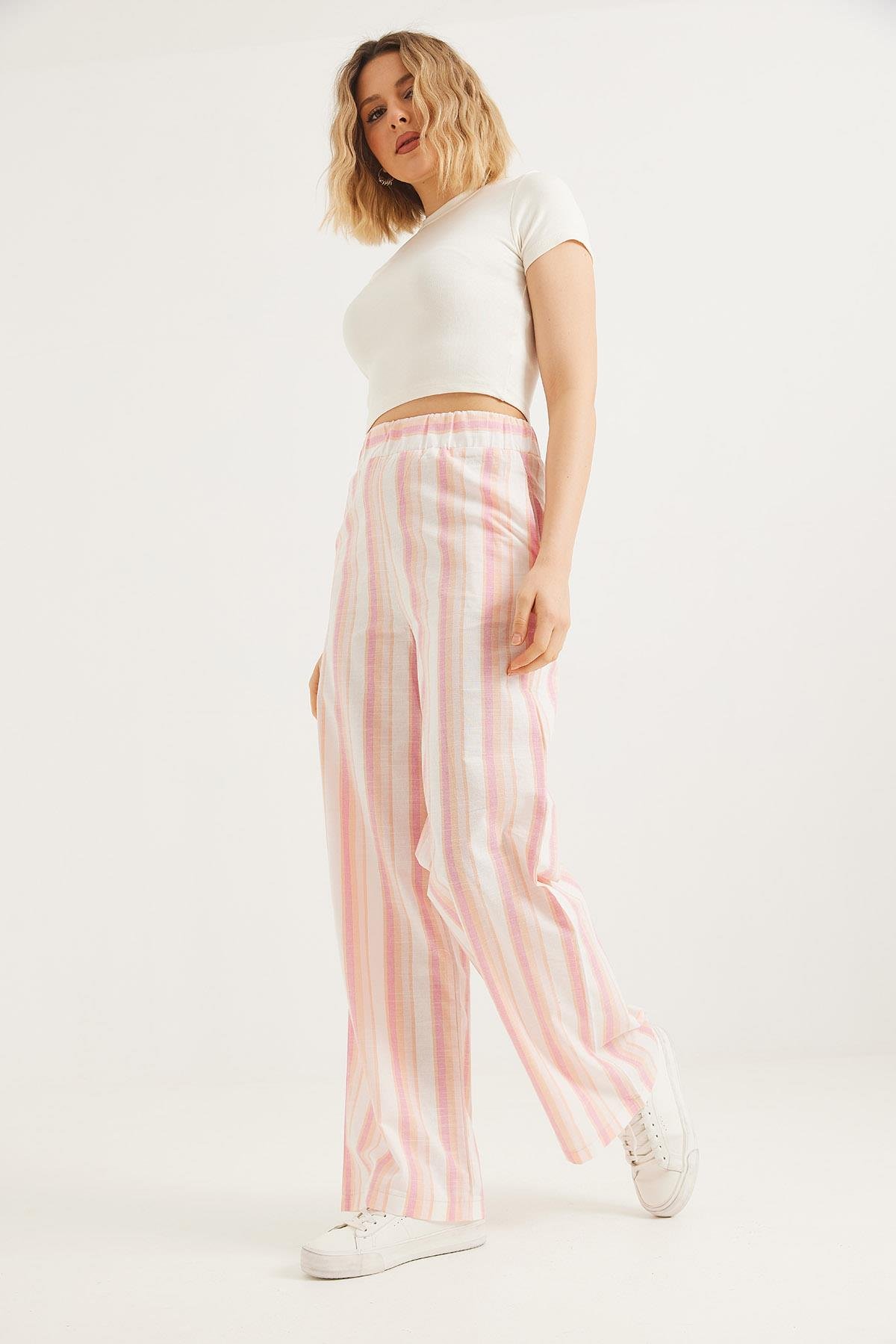 Beli Lastikli Rahat Kesim Keten Pantolon Pembe