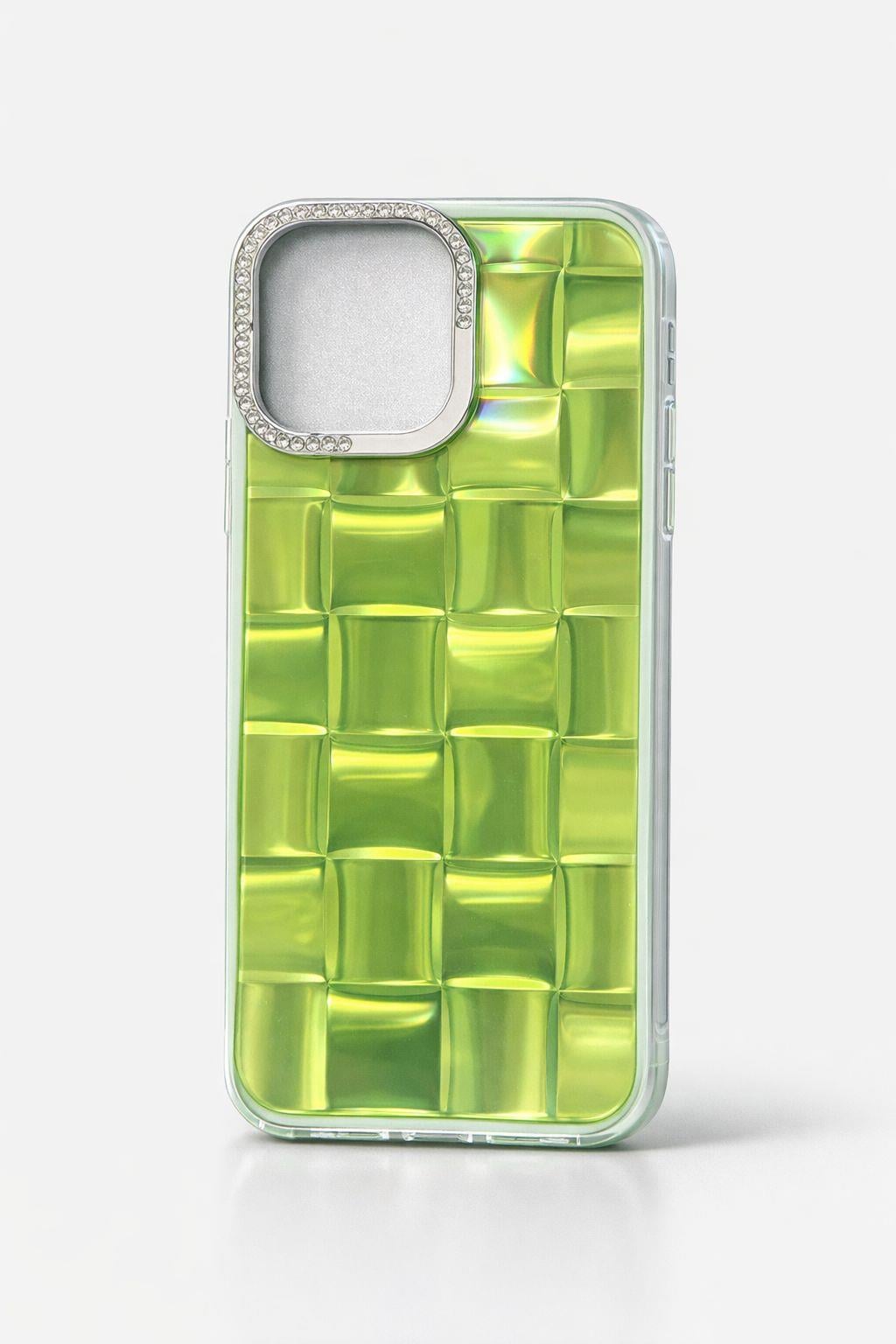 iPhone 14 Pro Max Uyumlu 3D Kare Desenli Parlak Kılıf Yeşil