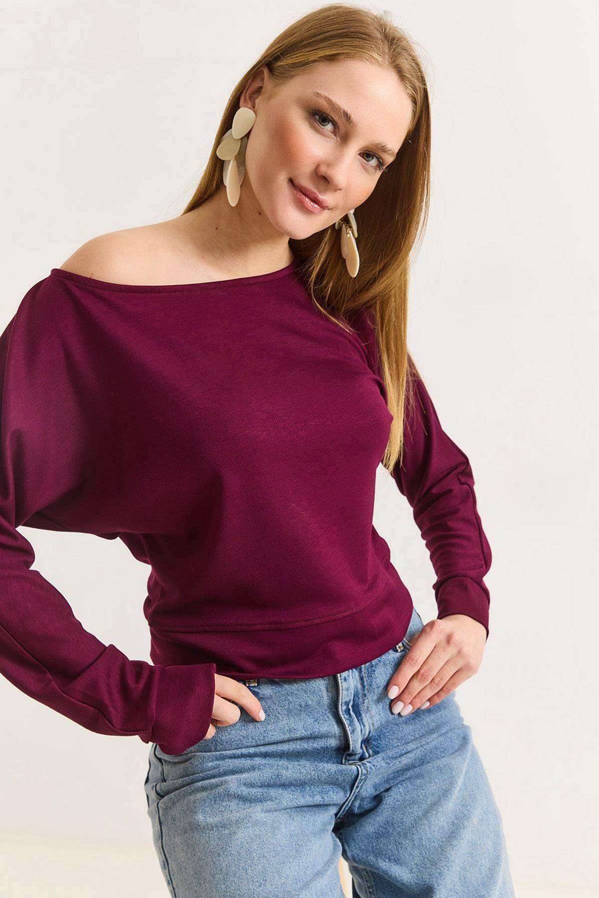 Kadın Beli Bantlı Yarasa Yumuşak Dokulu Bluz Bordo