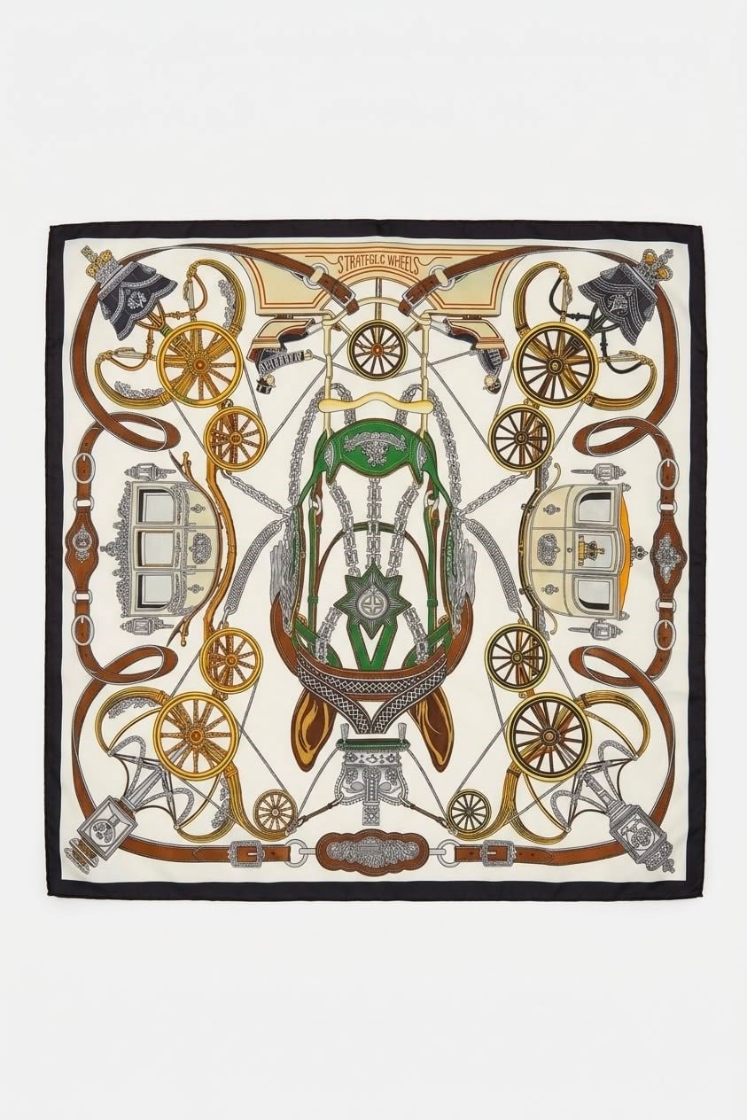 At Arabası Desenli Kenarları Siyah 45X45 Ölçülü Fular Karışık